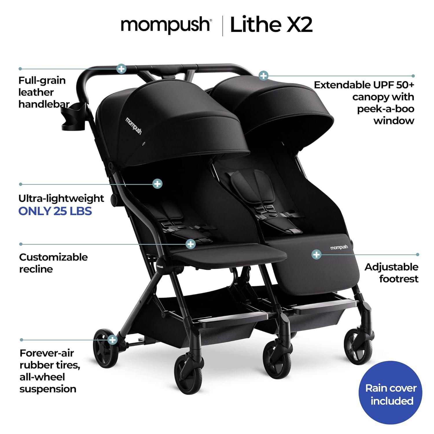 imageMompush Lithe Double Stroller Lightweight Side by Side Stroller for Newborn and Toddler Easy Fold Spacious Seats with Recline UPF50 CanopyBlack
