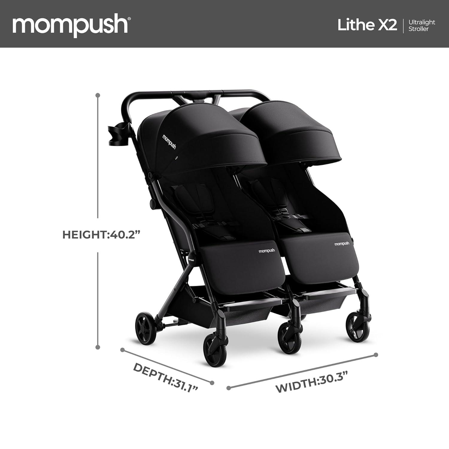 imageMompush Lithe Double Stroller Lightweight Side by Side Stroller for Newborn and Toddler Easy Fold Spacious Seats with Recline UPF50 CanopyBlack