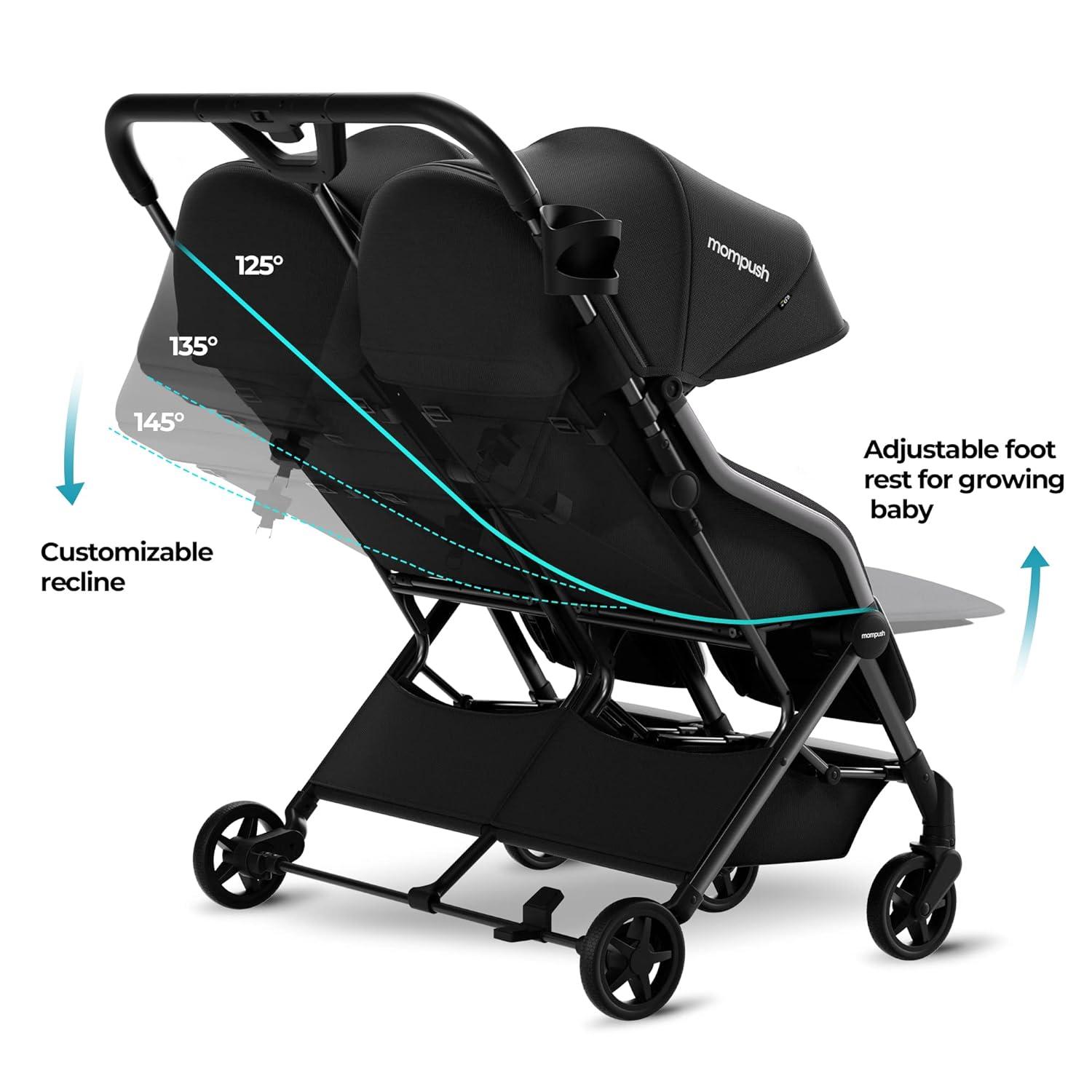 imageMompush Lithe Double Stroller Lightweight Side by Side Stroller for Newborn and Toddler Easy Fold Spacious Seats with Recline UPF50 CanopyBlack