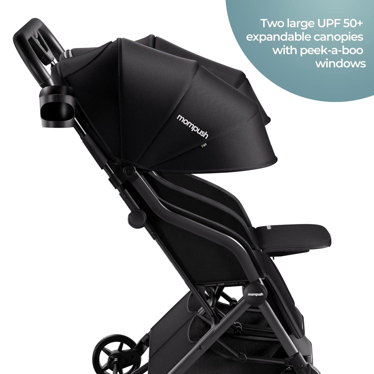 imageMompush Lithe Double Stroller Lightweight Side by Side Stroller for Newborn and Toddler Easy Fold Spacious Seats with Recline UPF50 CanopyBlack