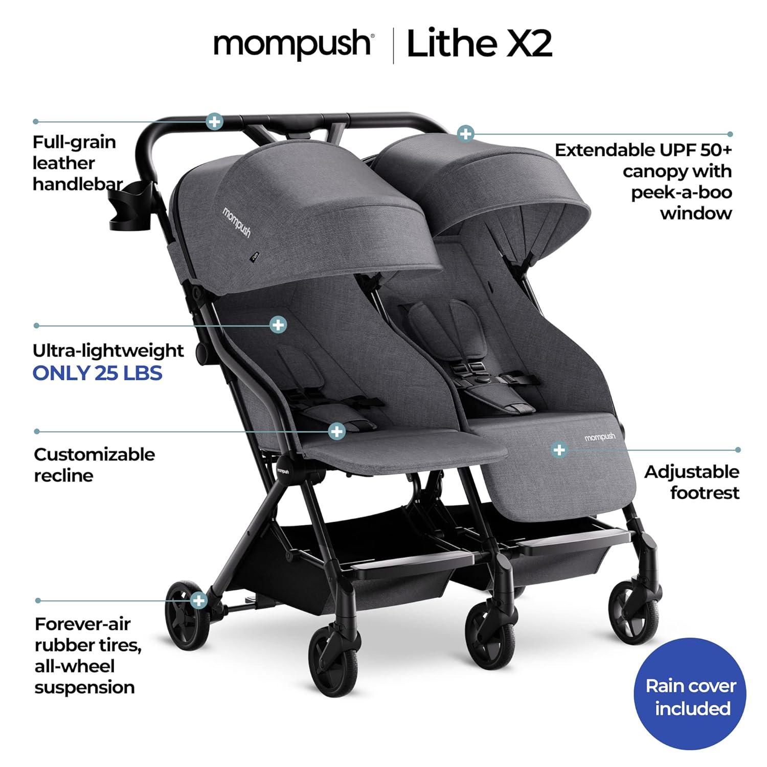 imageMompush Lithe Double Stroller Lightweight Side by Side Stroller for Newborn and Toddler Easy Fold Spacious Seats with Recline UPF50 CanopyGrey