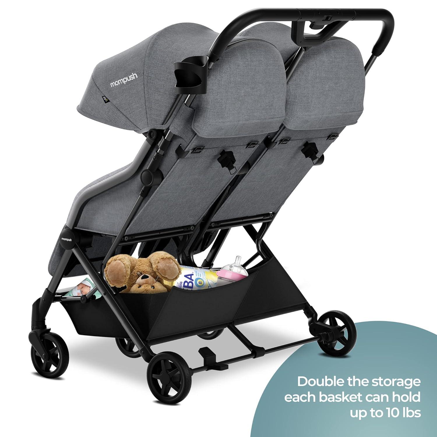 imageMompush Lithe Double Stroller Lightweight Side by Side Stroller for Newborn and Toddler Easy Fold Spacious Seats with Recline UPF50 CanopyGrey