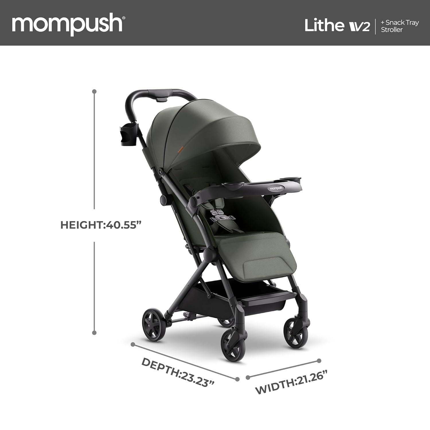 imageMompush Lithe V2 Lightweight Travel Stroller Compact Foldable Baby Stroller with Travel Bag OneHand Fold Stroller Snack Tray Mechanical Recline Seat AirplaneReady UPF 50 Canopy ampamp Rain CoverForest