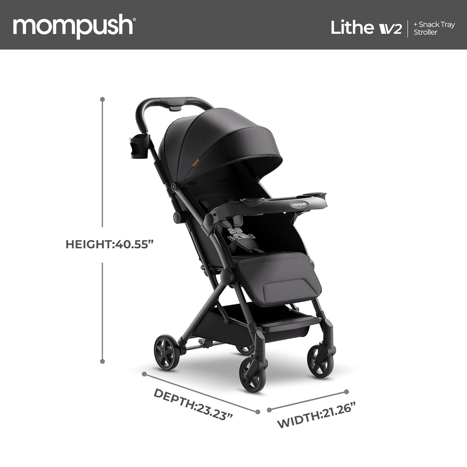imageMompush Lithe V2 Lightweight Travel Stroller Compact Foldable Baby Stroller with Travel Bag OneHand Fold Stroller Snack Tray Mechanical Recline Seat AirplaneReady UPF 50 Canopy ampamp Rain CoverBlack