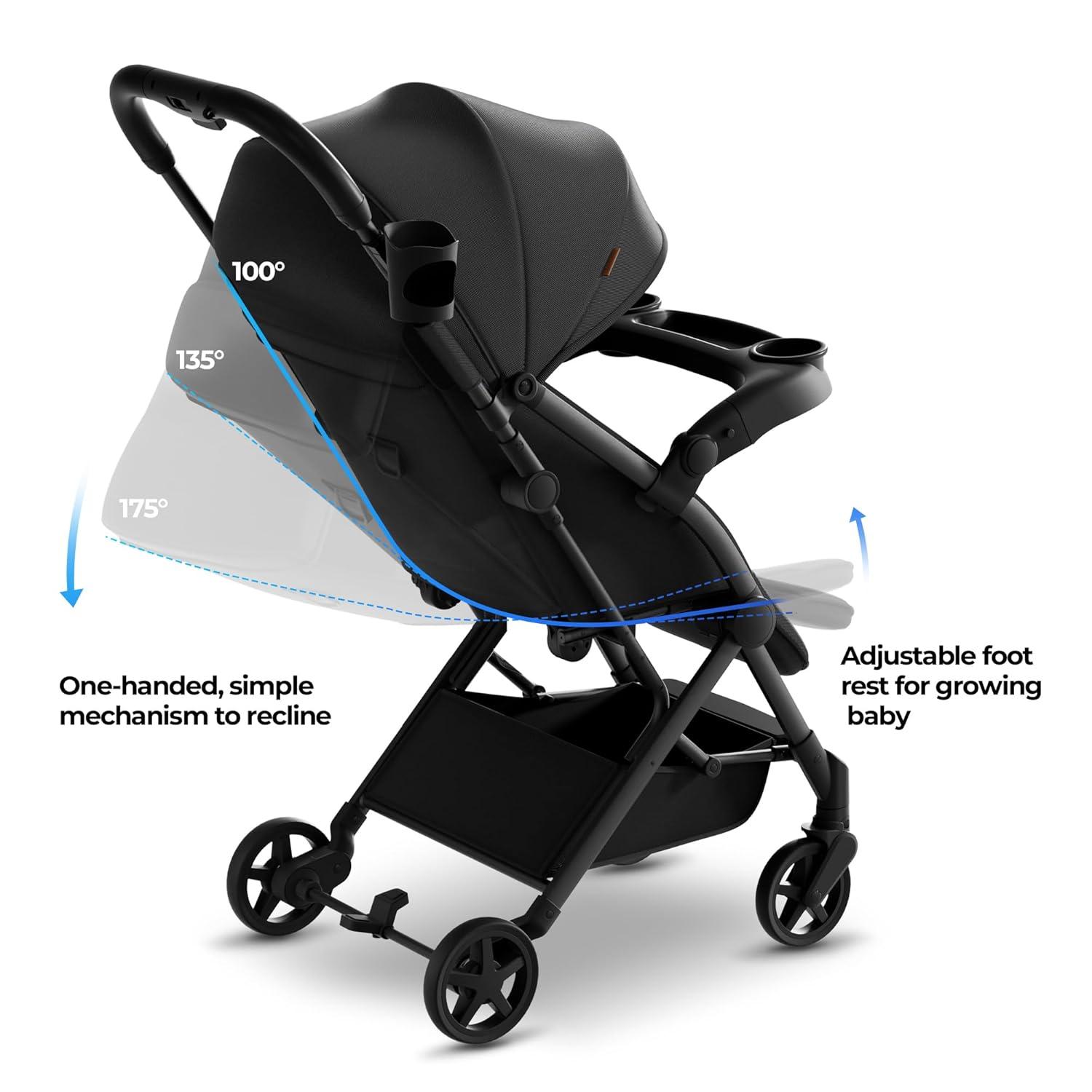 imageMompush Lithe V2 Lightweight Travel Stroller Compact Foldable Baby Stroller with Travel Bag OneHand Fold Stroller Snack Tray Mechanical Recline Seat AirplaneReady UPF 50 Canopy ampamp Rain CoverBlack