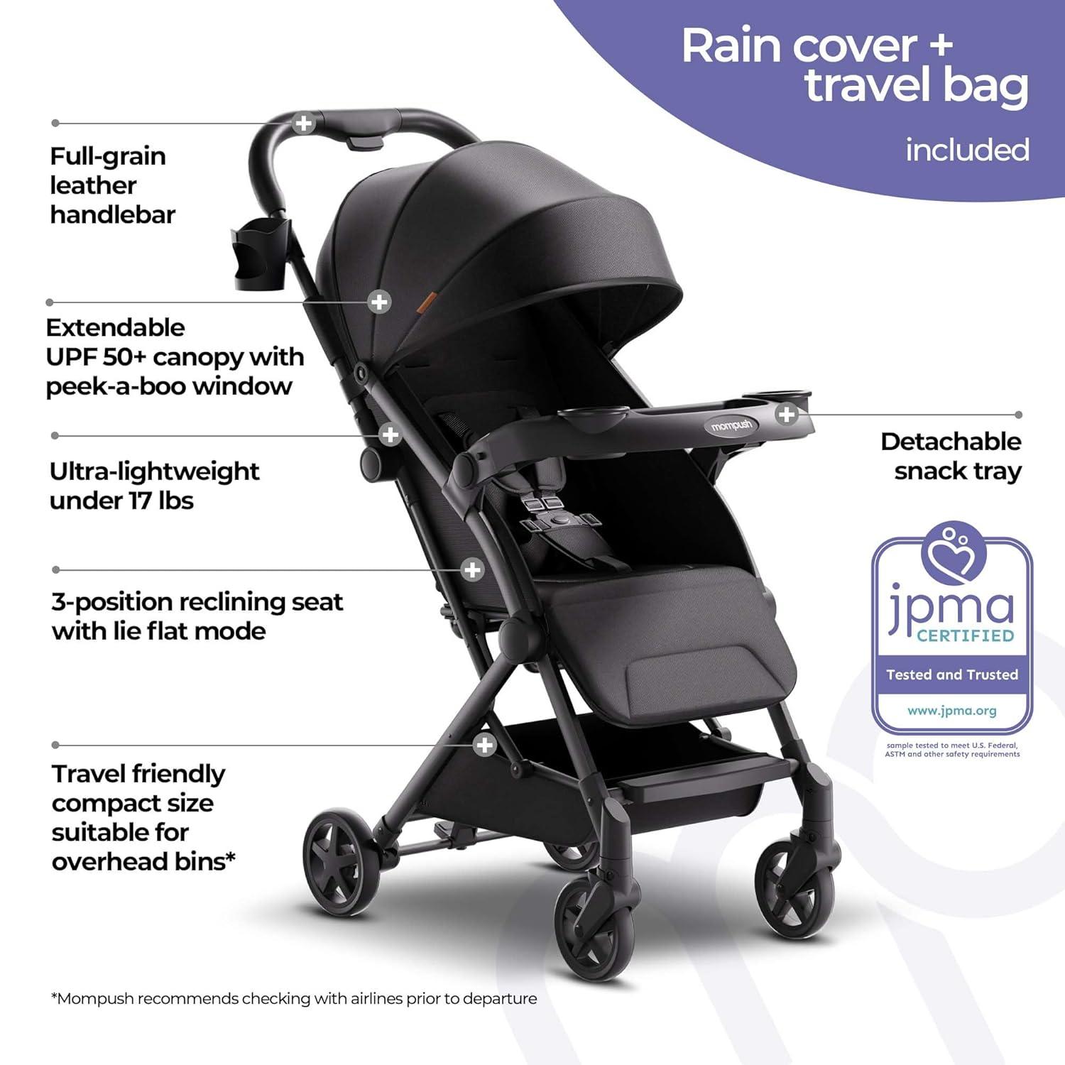imageMompush Lithe V2 Lightweight Travel Stroller Compact Foldable Baby Stroller with Travel Bag OneHand Fold Stroller Snack Tray Mechanical Recline Seat AirplaneReady UPF 50 Canopy ampamp Rain CoverBlack