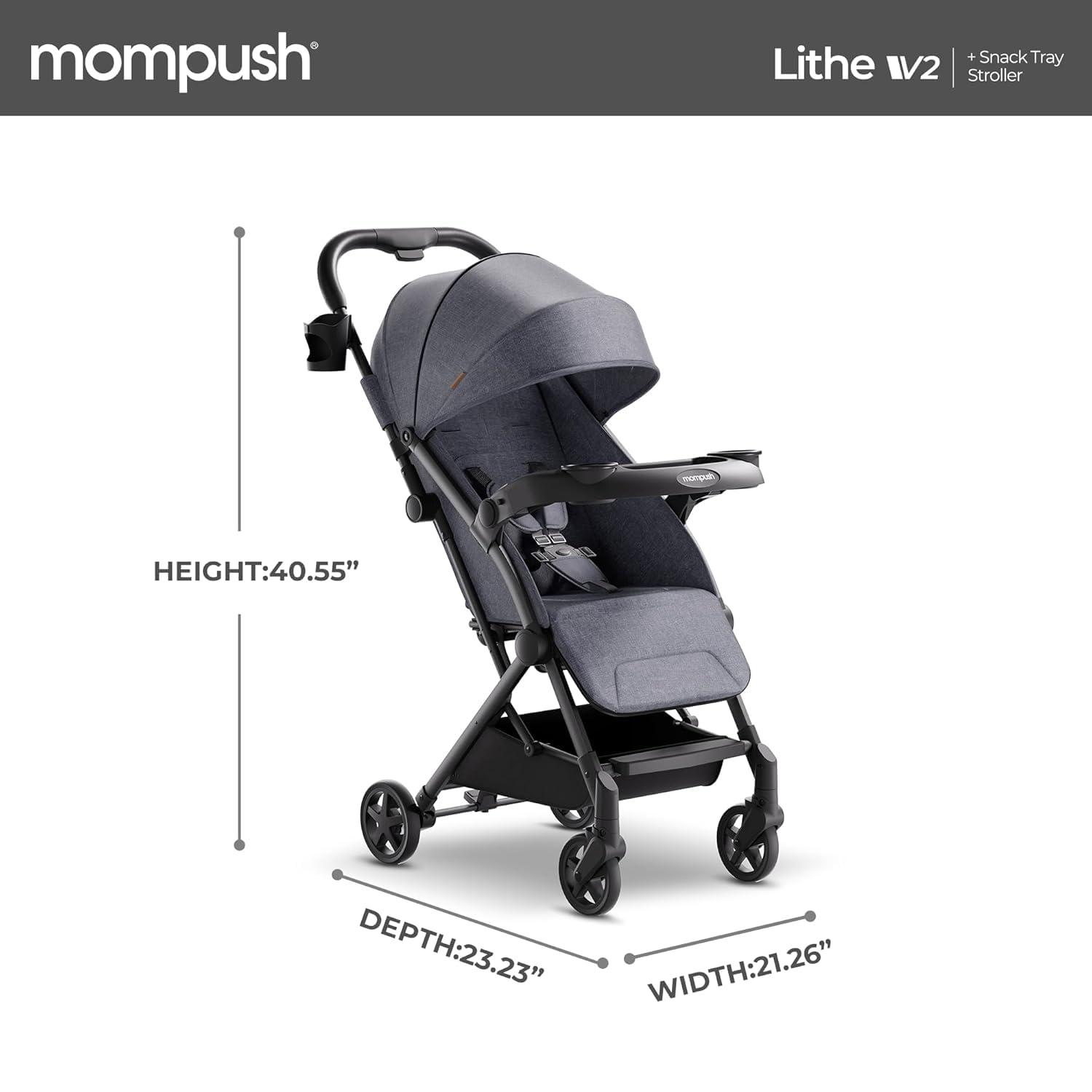 imageMompush Lithe V2 Lightweight Travel Stroller Compact Foldable Baby Stroller with Travel Bag OneHand Fold Stroller Snack Tray Mechanical Recline Seat AirplaneReady UPF 50 Canopy ampamp Rain CoverGrey