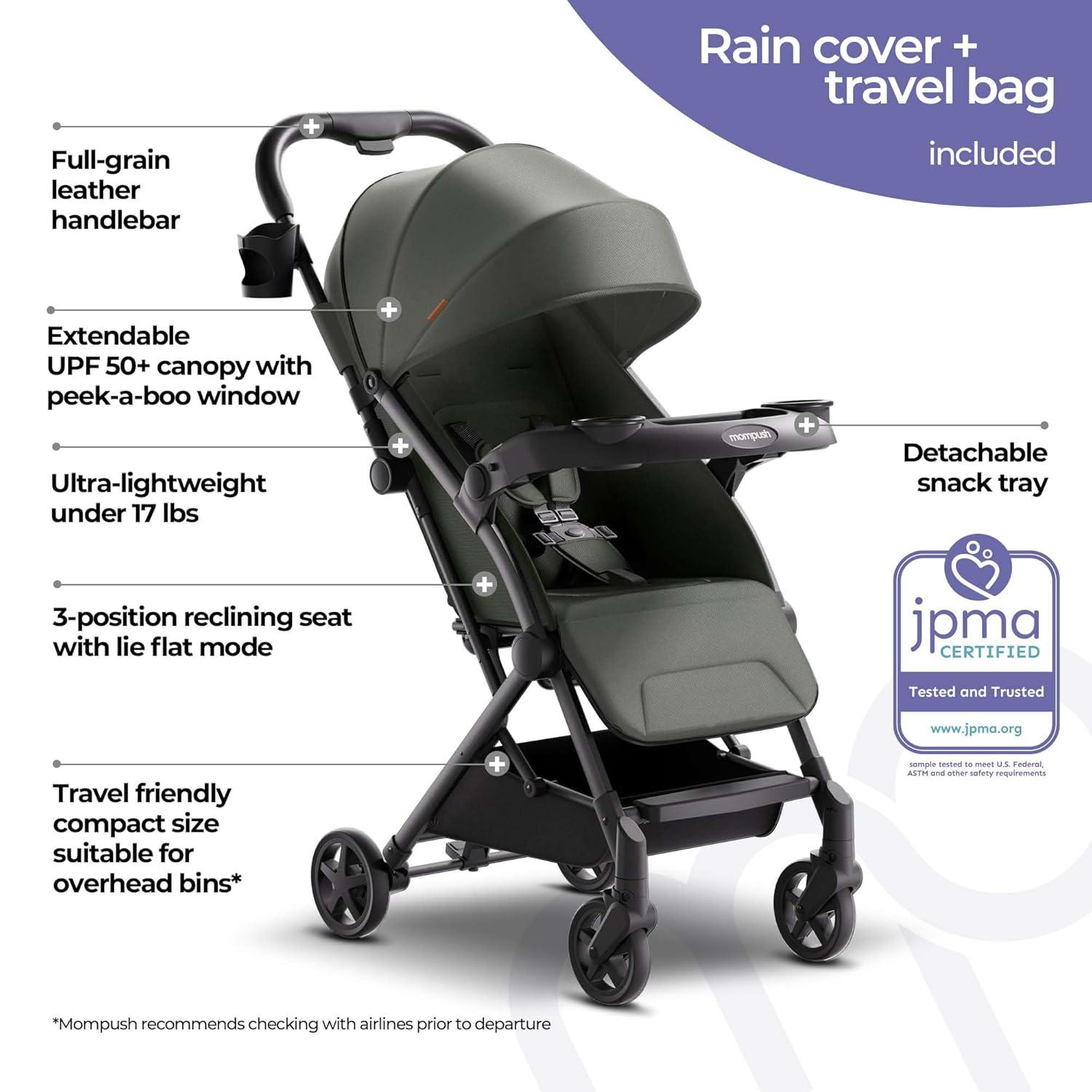 imageMompush Lithe V2 Lightweight Travel Stroller Compact Foldable Baby Stroller with Travel Bag OneHand Fold Stroller Snack Tray Mechanical Recline Seat AirplaneReady UPF 50 Canopy ampamp Rain CoverForest