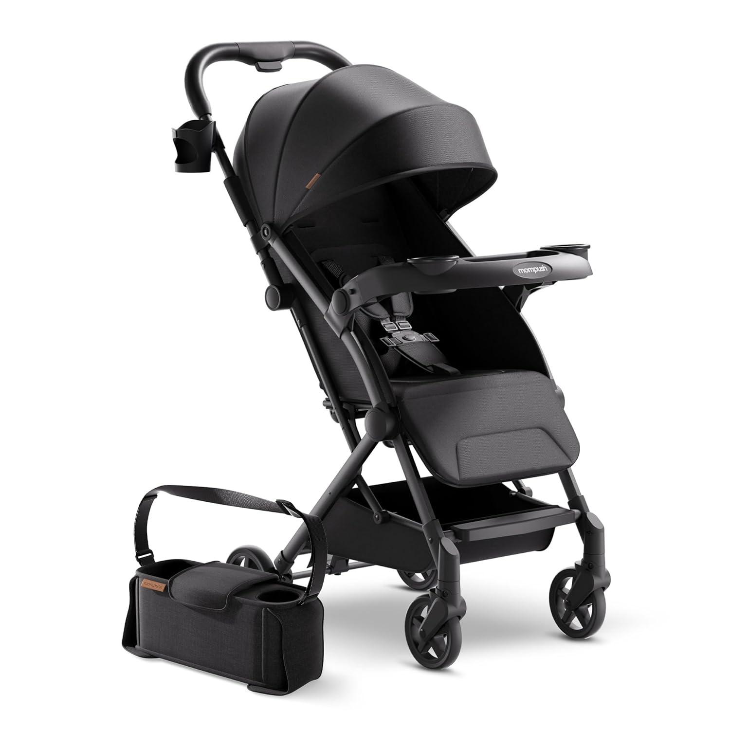imageMompush Lithe V2 Lightweight Travel Stroller Compact Foldable Baby Stroller with Travel Bag OneHand Fold Stroller Snack Tray Mechanical Recline Seat AirplaneReady UPF 50 Canopy ampamp Rain CoverBlack