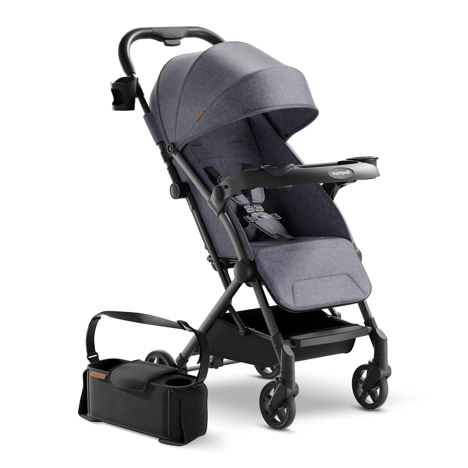 imageMompush Lithe V2 Lightweight Travel Stroller Compact Foldable Baby Stroller with Travel Bag OneHand Fold Stroller Snack Tray Mechanical Recline Seat AirplaneReady UPF 50 Canopy ampamp Rain CoverGrey