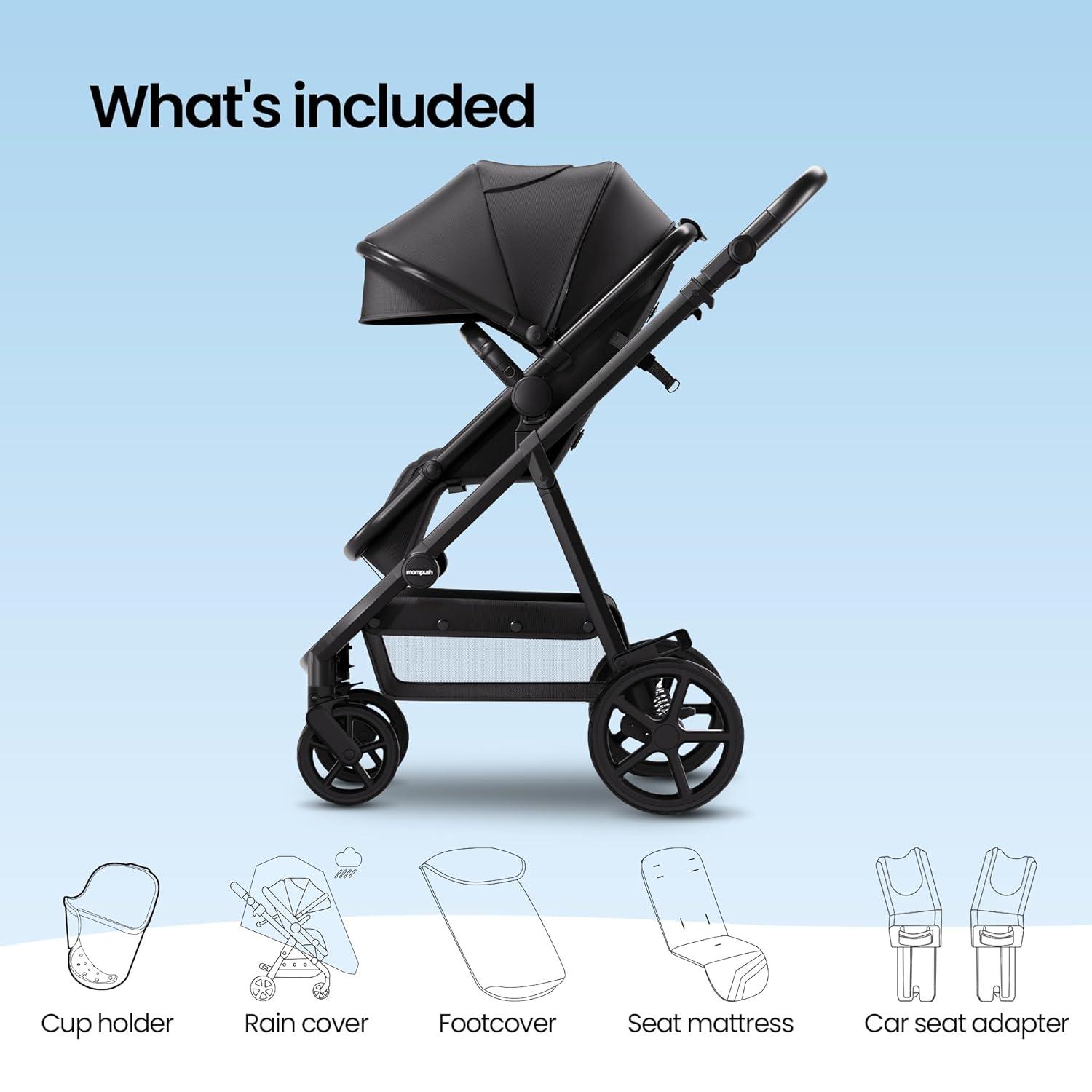 imageMompush Meteor2 Baby Stroller 2in1 with Newborn Mode Compatible with Infant Car Seat Adapter Included FullSize Bassinet Strollers for Family OutingsBlack