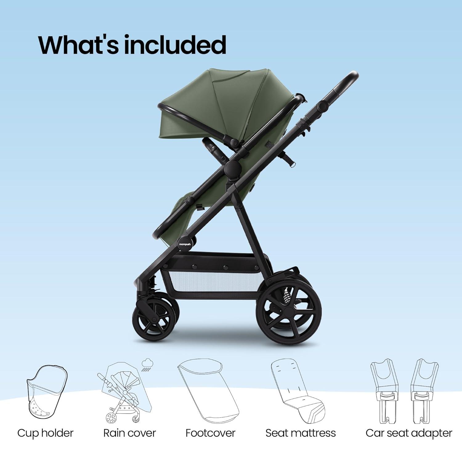 imageMompush Meteor2 Baby Stroller 2in1 with Newborn Mode Compatible with Infant Car Seat Adapter Included FullSize Bassinet Strollers for Family OutingsEvergreen