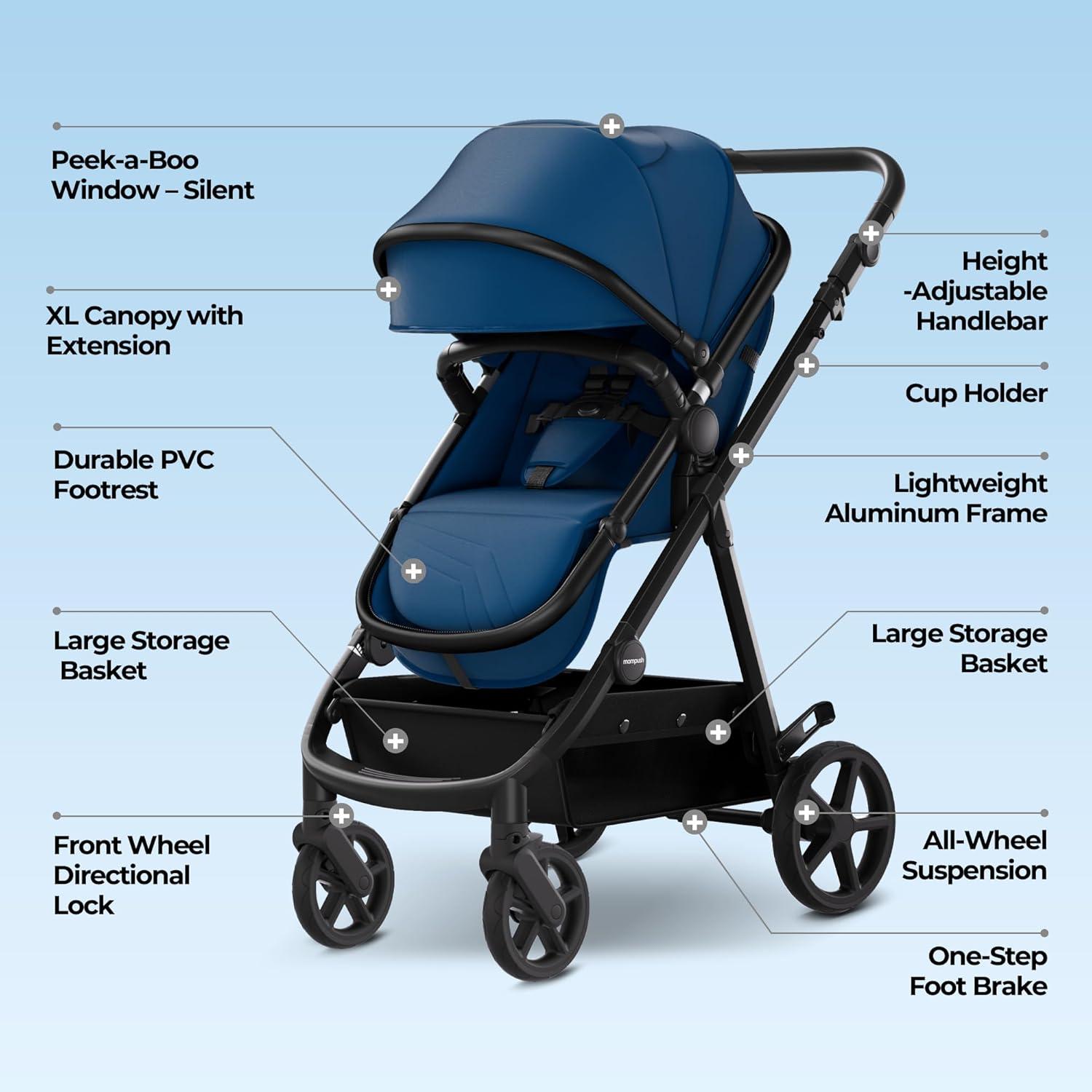 imageMompush Meteor2 Baby Stroller 2in1 with Newborn Mode Compatible with Infant Car Seat Adapter Included FullSize Bassinet Strollers for Family OutingsNavy Blue