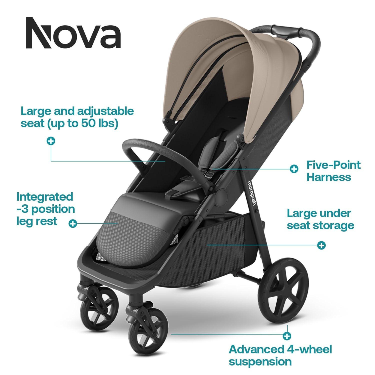 imageMompush Nova Baby Stroller for Toddler Infant ampamp Newborn  Spacious Seat ampamp LieFlat Mode  Compact OneHand Fold UPF 50 Canopy ampamp AllWheel Suspension  Includes Rain Cover ampamp Cup HolderKhaki