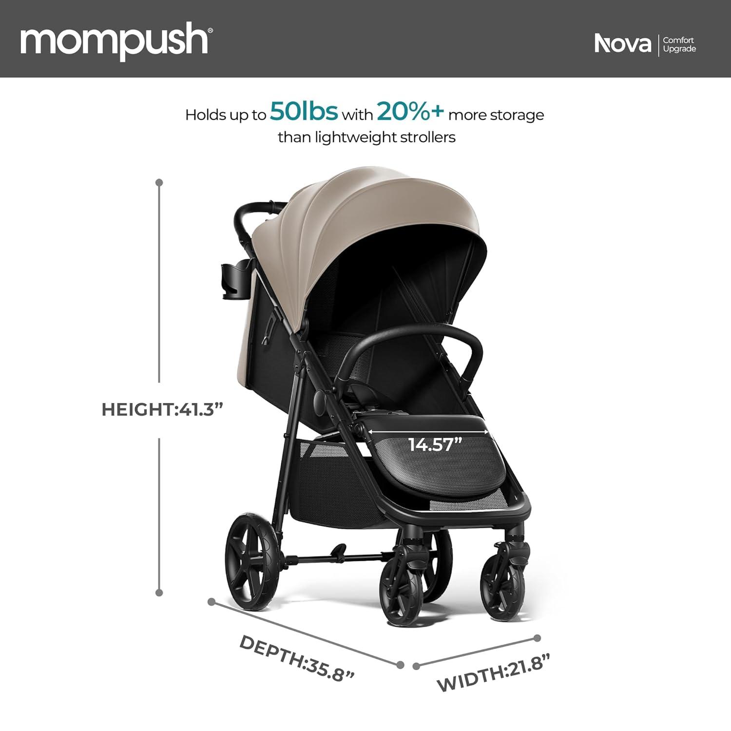 imageMompush Nova Baby Stroller for Toddler Infant ampamp Newborn  Spacious Seat ampamp LieFlat Mode  Compact OneHand Fold UPF 50 Canopy ampamp AllWheel Suspension  Includes Rain Cover ampamp Cup HolderKhaki