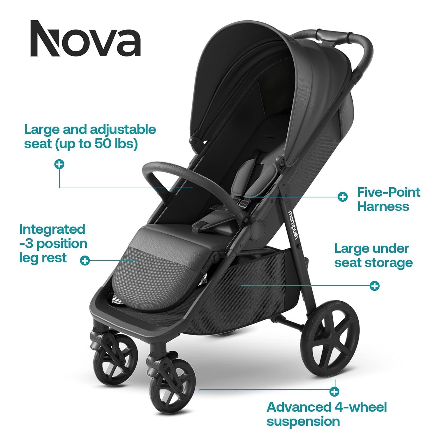 imageMompush Nova Baby Stroller for Toddler Infant ampamp Newborn  Spacious Seat ampamp LieFlat Mode  Compact OneHand Fold UPF 50 Canopy ampamp AllWheel Suspension  Includes Rain Cover ampamp Cup HolderBlack