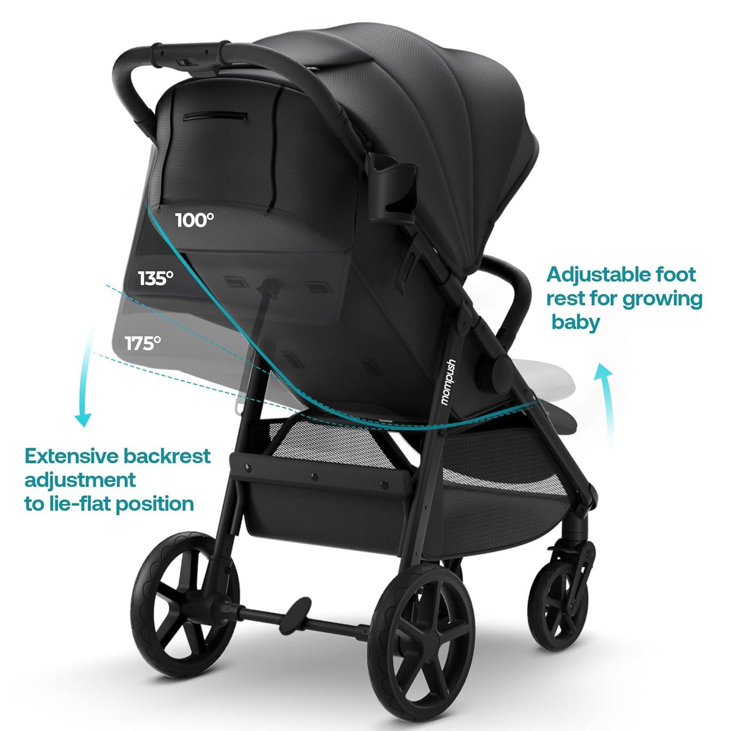 imageMompush Nova Baby Stroller for Toddler Infant ampamp Newborn  Spacious Seat ampamp LieFlat Mode  Compact OneHand Fold UPF 50 Canopy ampamp AllWheel Suspension  Includes Rain Cover ampamp Cup HolderBlack