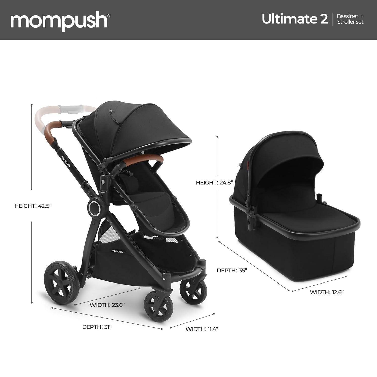 imageMompush Ultimate2 Baby Stroller Premium Convertible FullSize Stroller for Toddler Reversible Seat with One Hand Recline Adjustment Car Seat Adapter IncludedBlack