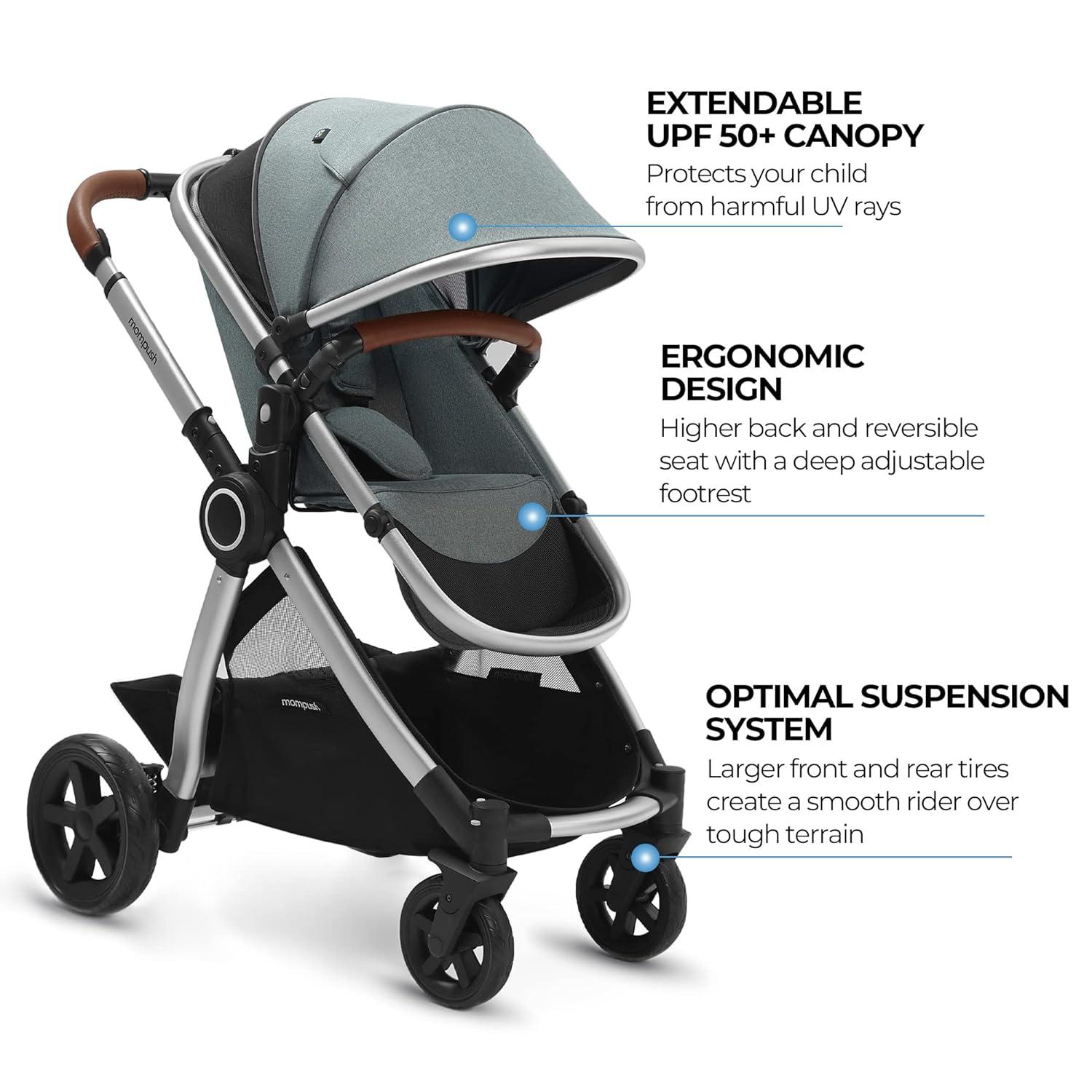 imageMompush Ultimate2 Baby Stroller Premium Convertible FullSize Stroller for Toddler Reversible Seat with One Hand Recline Adjustment Car Seat Adapter IncludedGrey