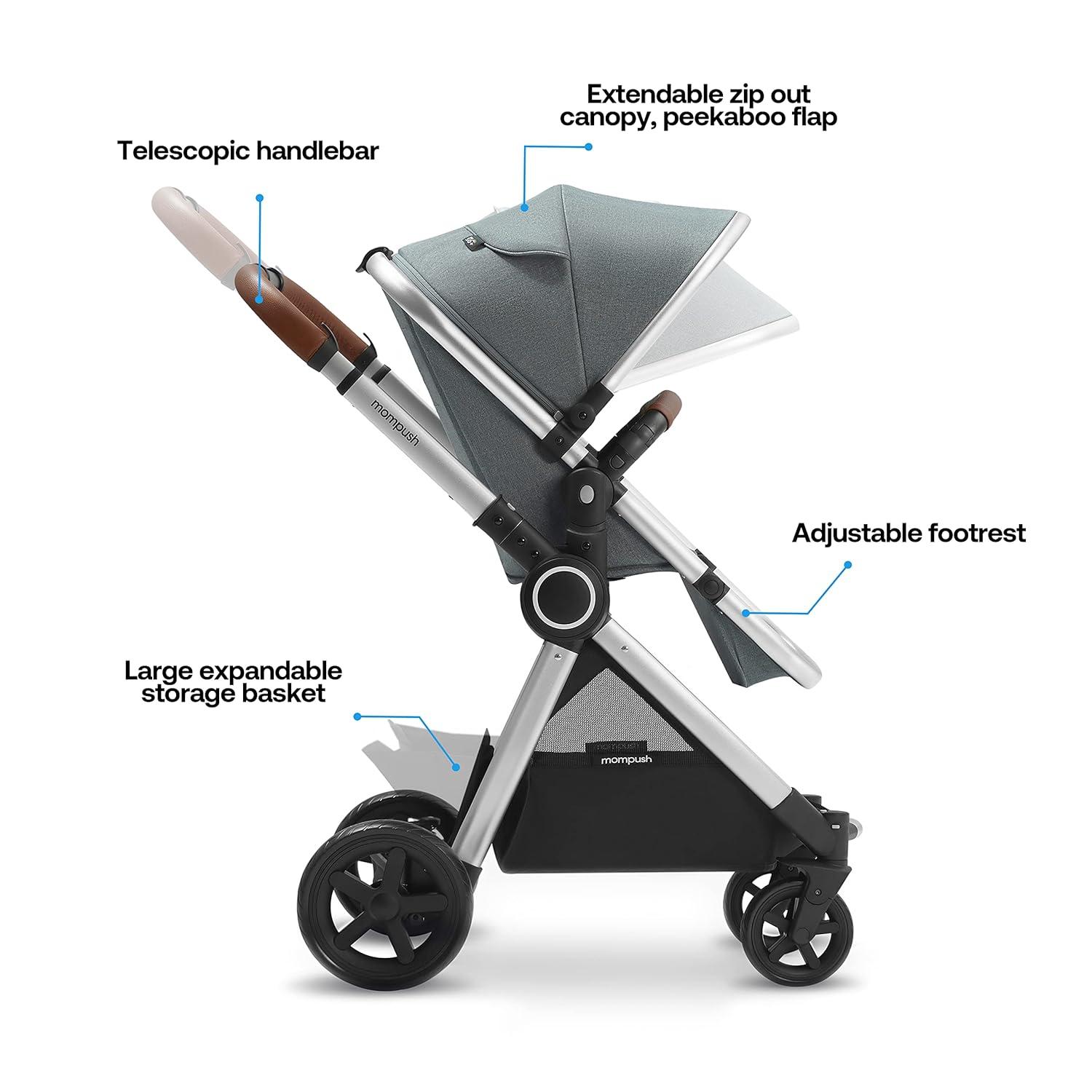 imageMompush Ultimate2 Baby Stroller Premium Convertible FullSize Stroller for Toddler Reversible Seat with One Hand Recline Adjustment Car Seat Adapter IncludedGrey