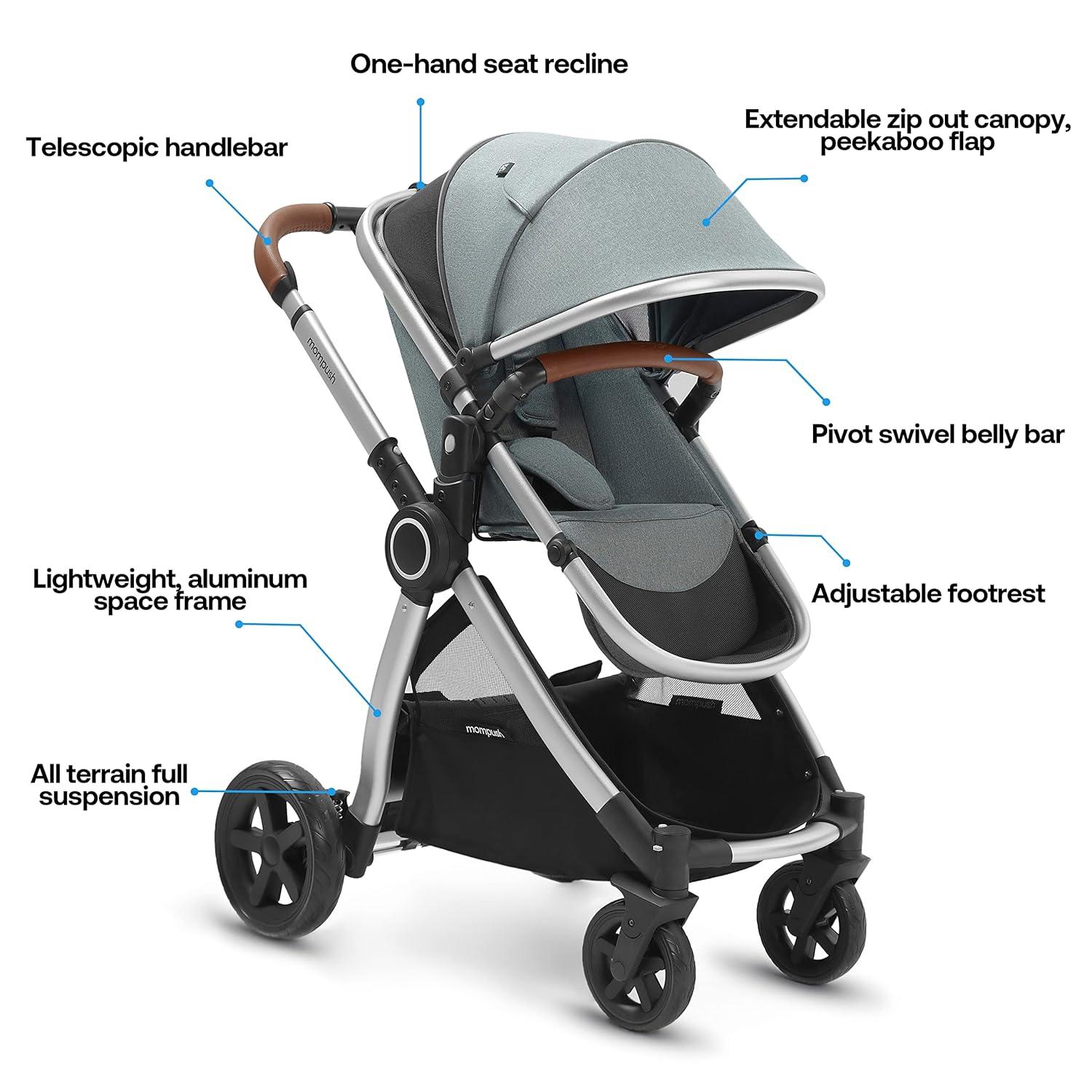 imageMompush Ultimate2 Baby Stroller Premium Convertible FullSize Stroller for Toddler Reversible Seat with One Hand Recline Adjustment Car Seat Adapter IncludedGrey