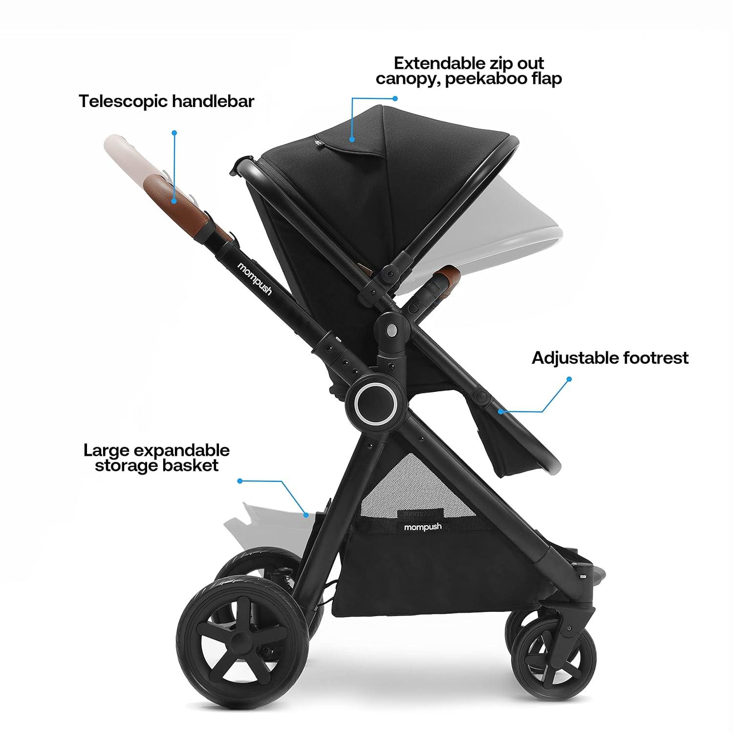 imageMompush Ultimate2 Baby Stroller Premium Convertible FullSize Stroller for Toddler Reversible Seat with One Hand Recline Adjustment Car Seat Adapter IncludedBlack