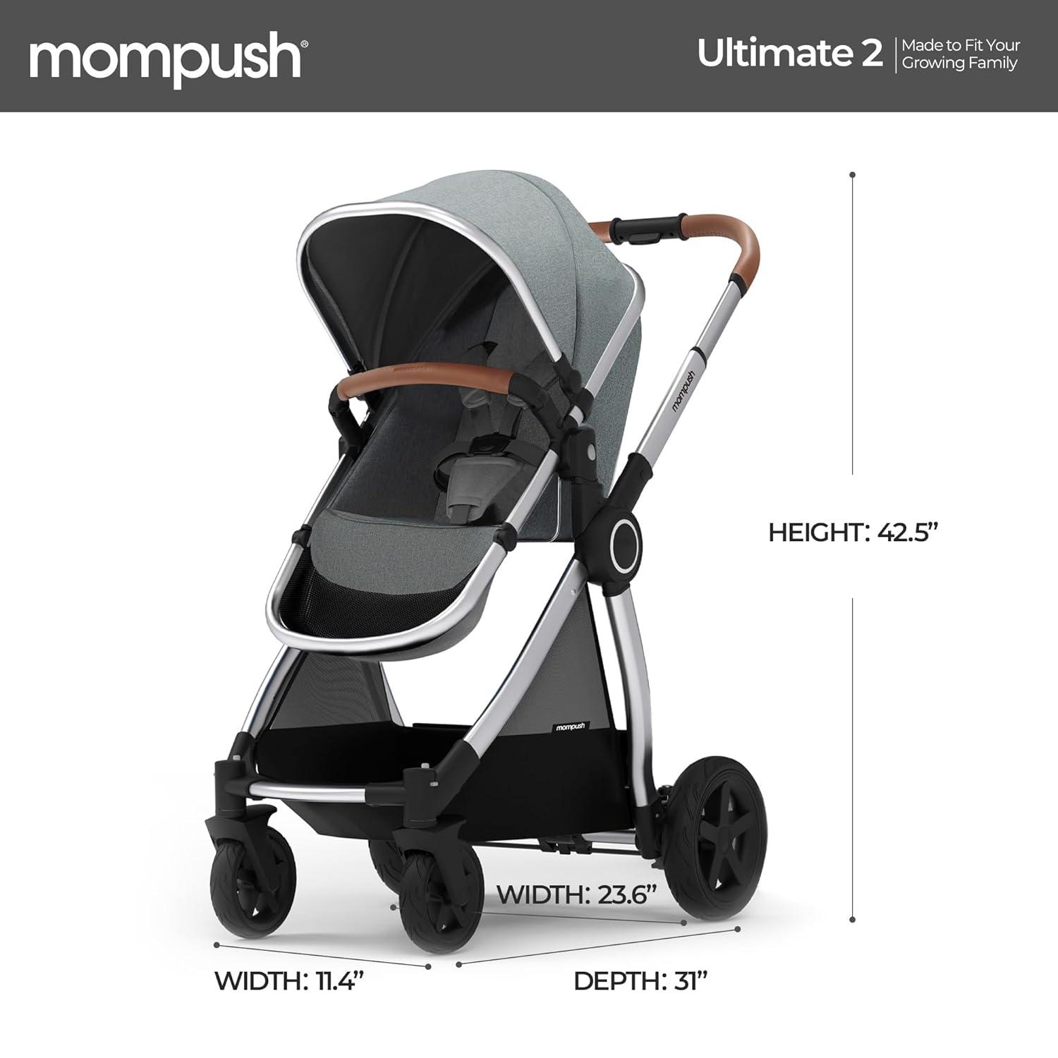 imageMompush Ultimate2 Baby Stroller Premium Convertible FullSize Stroller for Toddler Reversible Seat with One Hand Recline Adjustment Car Seat Adapter IncludedGrey