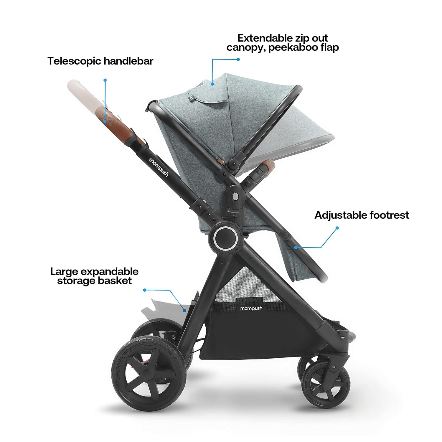 imageMompush Ultimate2 Baby Stroller Premium Convertible FullSize Stroller for Toddler Reversible Seat with One Hand Recline Adjustment Car Seat Adapter IncludedGrey