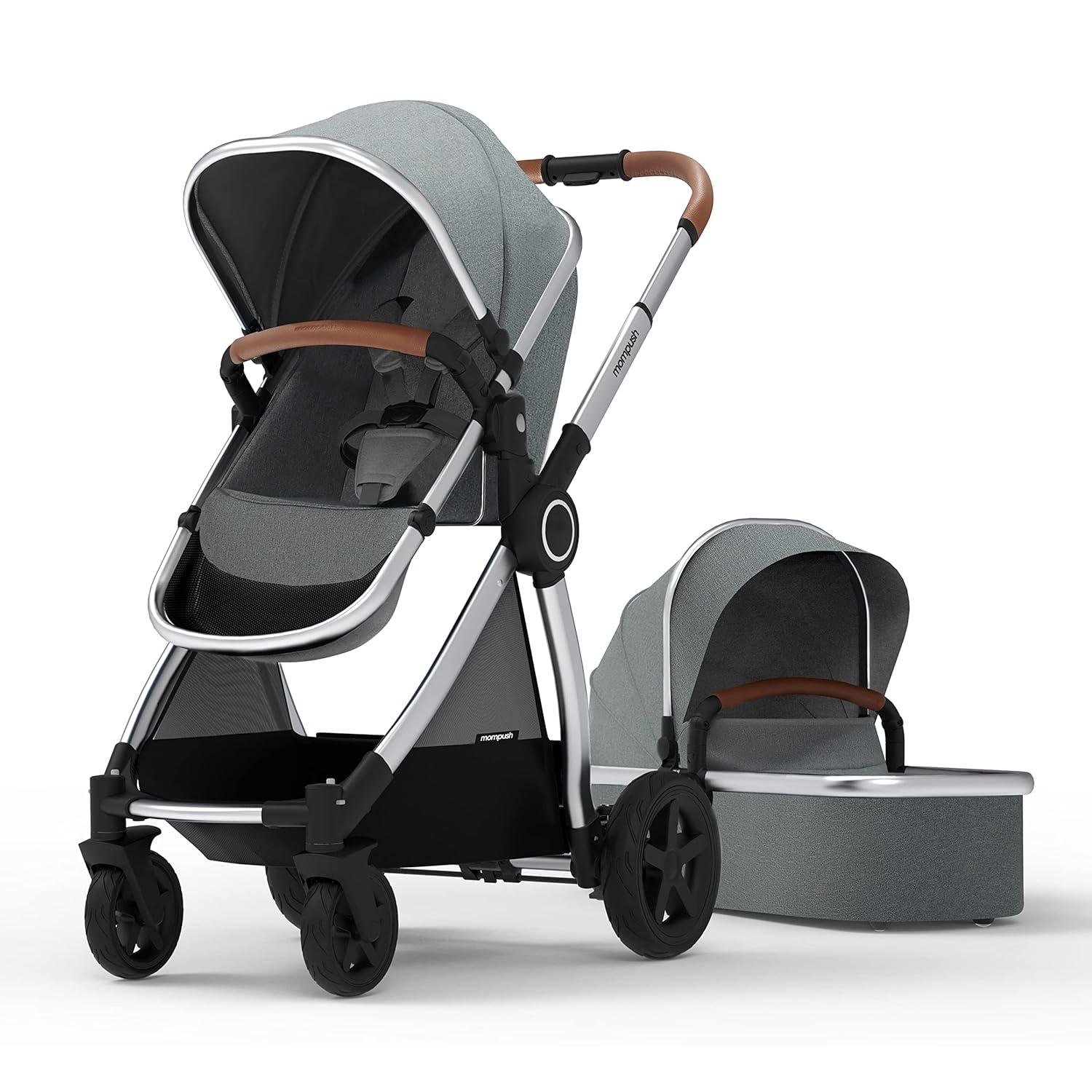 imageMompush Ultimate2 Baby Stroller Premium Convertible FullSize Stroller for Toddler Reversible Seat with One Hand Recline Adjustment Car Seat Adapter IncludedGrey