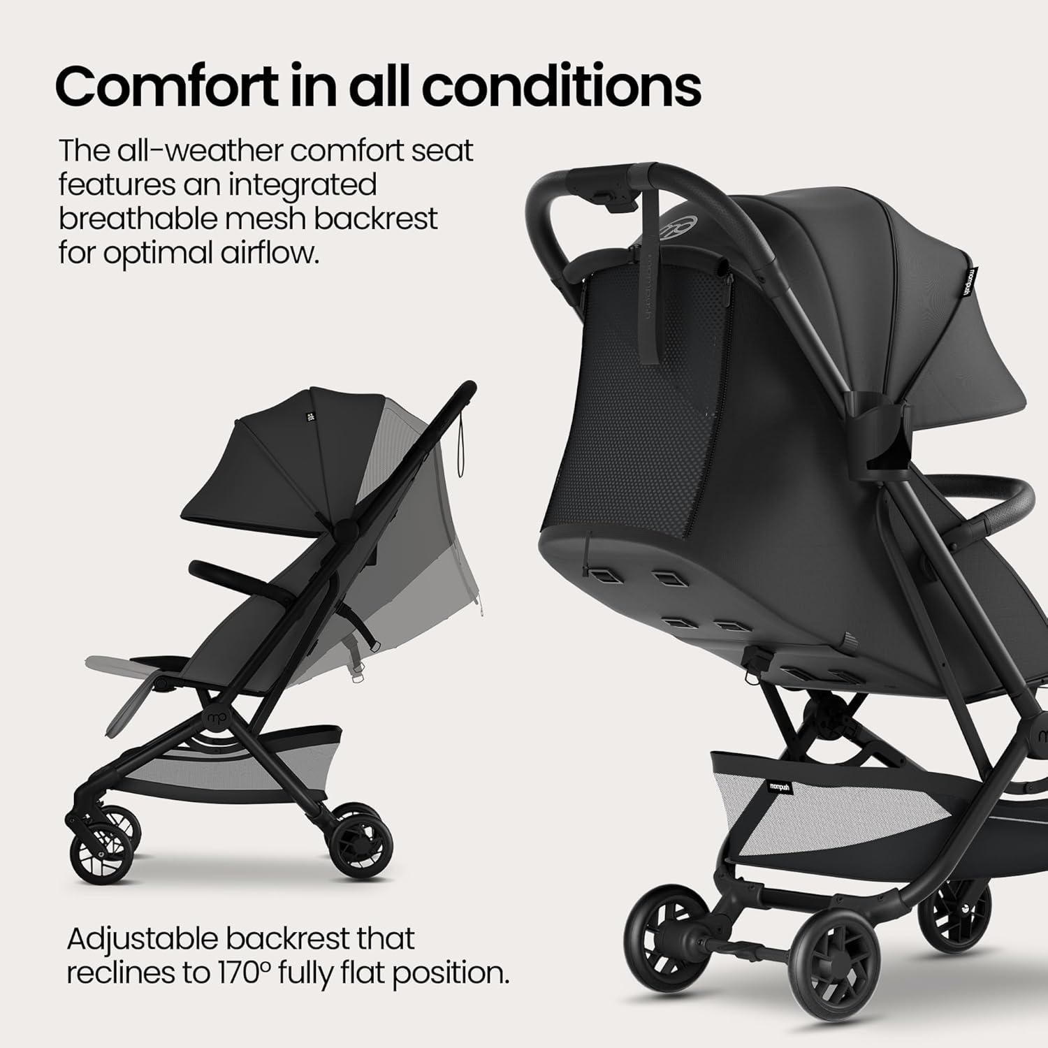 imageMompush Velo Lightweight Travel Stroller Compact ampamp AirplaneFriendly for Baby and Toddler LieFlat Seat OneHand Fold with Leather Bumper Bar Shoulder Strap Raincover Storage Bag ampamp Cup HolderCharcoal Black