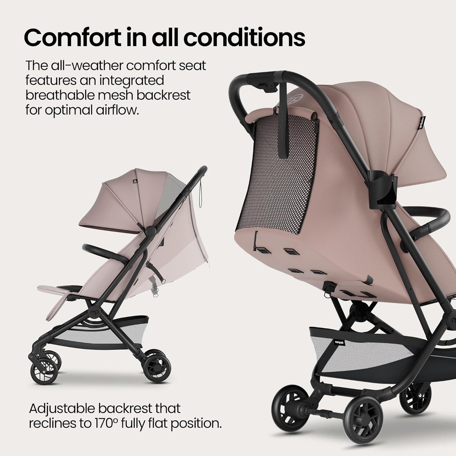 imageMompush Velo Lightweight Travel Stroller Compact ampamp AirplaneFriendly for Baby and Toddler LieFlat Seat OneHand Fold with Leather Bumper Bar Shoulder Strap Raincover Storage Bag ampamp Cup HolderMirage Pink