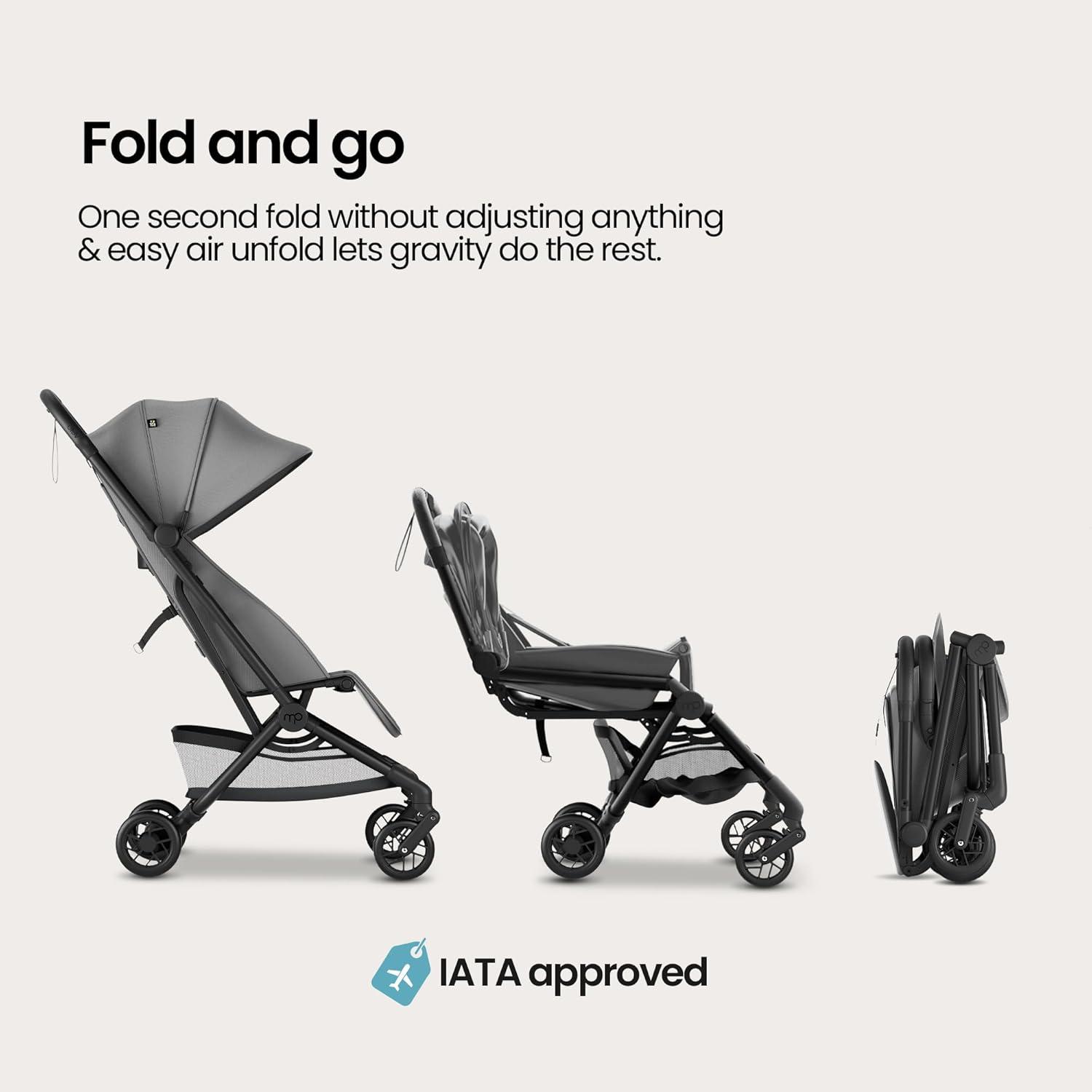 imageMompush Velo Lightweight Travel Stroller Compact ampamp AirplaneFriendly for Baby and Toddler LieFlat Seat OneHand Fold with Leather Bumper Bar Shoulder Strap Raincover Storage Bag ampamp Cup HolderStellar Gray