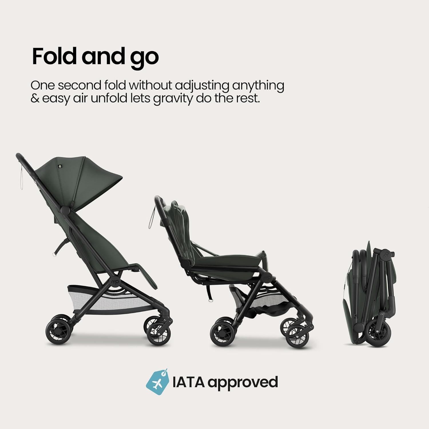 imageMompush Velo Lightweight Travel Stroller Compact ampamp AirplaneFriendly for Baby and Toddler LieFlat Seat OneHand Fold with Leather Bumper Bar Shoulder Strap Raincover Storage Bag ampamp Cup HolderAurora Green