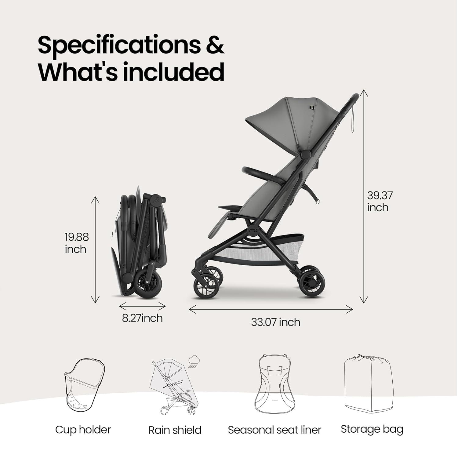 imageMompush Velo Lightweight Travel Stroller Compact ampamp AirplaneFriendly for Baby and Toddler LieFlat Seat OneHand Fold with Leather Bumper Bar Shoulder Strap Raincover Storage Bag ampamp Cup HolderStellar Gray