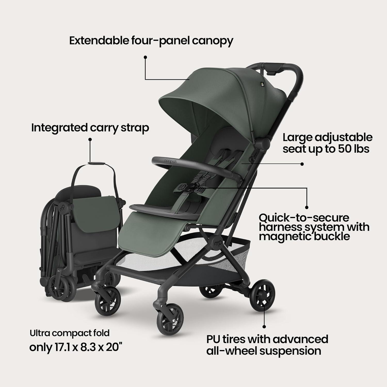 imageMompush Velo Lightweight Travel Stroller Compact ampamp AirplaneFriendly for Baby and Toddler LieFlat Seat OneHand Fold with Leather Bumper Bar Shoulder Strap Raincover Storage Bag ampamp Cup HolderAurora Green