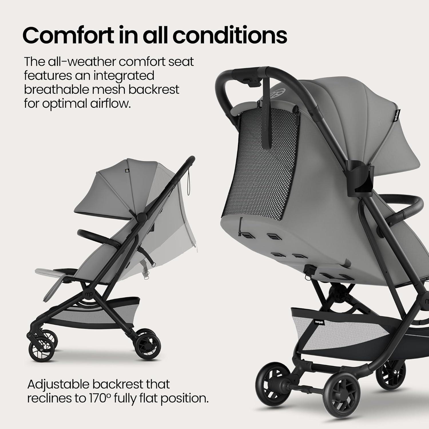 imageMompush Velo Lightweight Travel Stroller Compact ampamp AirplaneFriendly for Baby and Toddler LieFlat Seat OneHand Fold with Leather Bumper Bar Shoulder Strap Raincover Storage Bag ampamp Cup HolderStellar Gray