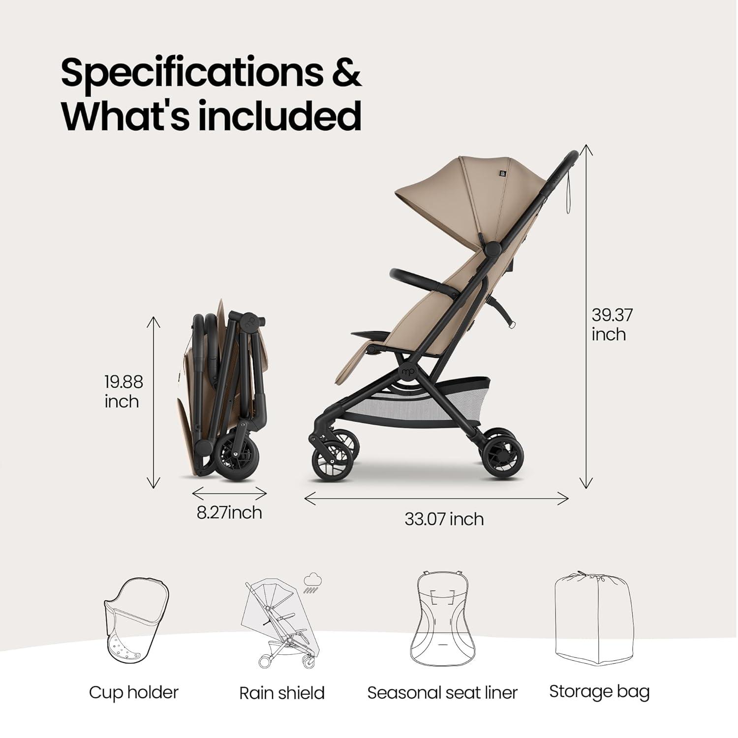 imageMompush Velo Lightweight Travel Stroller Compact ampamp AirplaneFriendly for Baby and Toddler LieFlat Seat OneHand Fold with Leather Bumper Bar Shoulder Strap Raincover Storage Bag ampamp Cup HolderChalk Beige