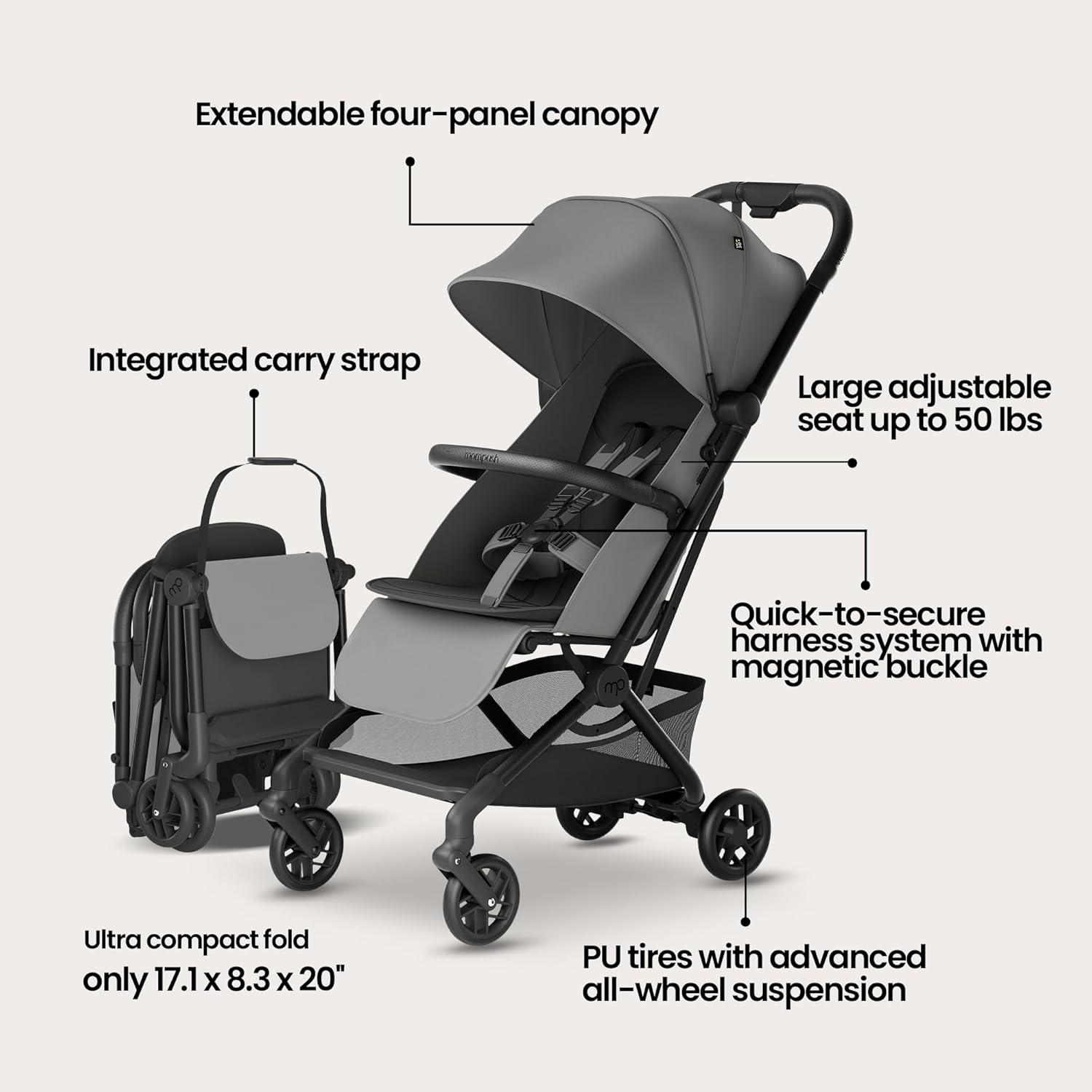 imageMompush Velo Lightweight Travel Stroller Compact ampamp AirplaneFriendly for Baby and Toddler LieFlat Seat OneHand Fold with Leather Bumper Bar Shoulder Strap Raincover Storage Bag ampamp Cup HolderStellar Gray