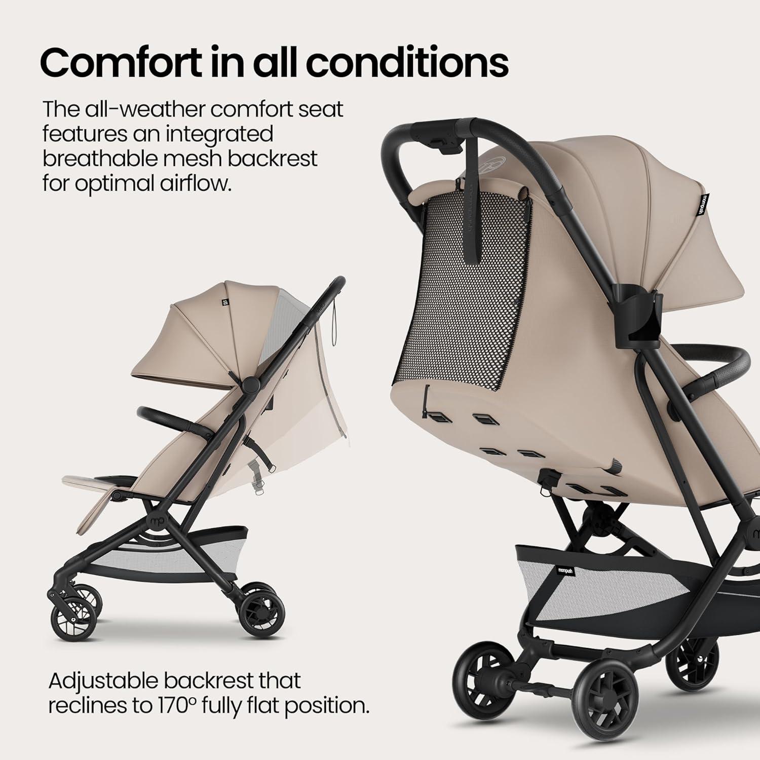 imageMompush Velo Lightweight Travel Stroller Compact ampamp AirplaneFriendly for Baby and Toddler LieFlat Seat OneHand Fold with Leather Bumper Bar Shoulder Strap Raincover Storage Bag ampamp Cup HolderChalk Beige