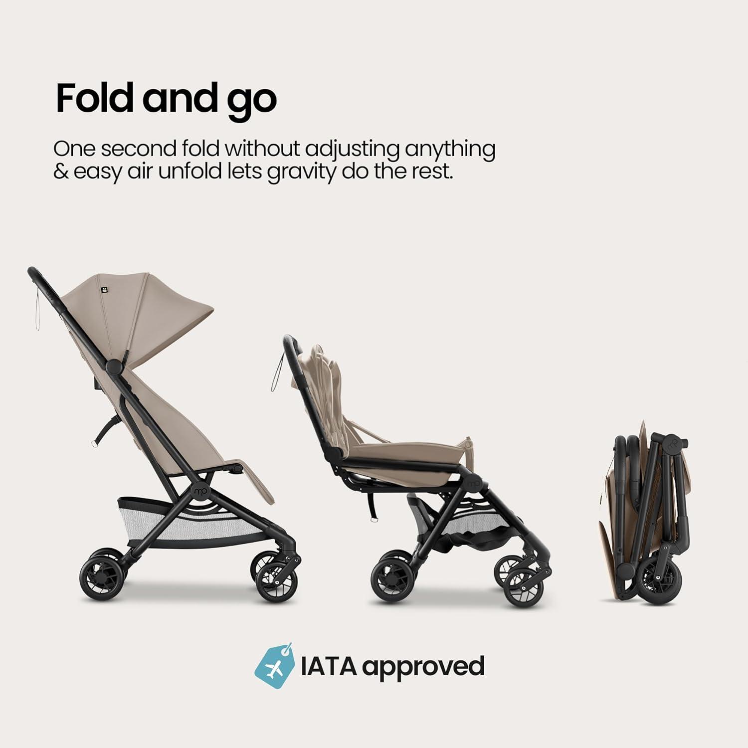 imageMompush Velo Lightweight Travel Stroller Compact ampamp AirplaneFriendly for Baby and Toddler LieFlat Seat OneHand Fold with Leather Bumper Bar Shoulder Strap Raincover Storage Bag ampamp Cup HolderChalk Beige