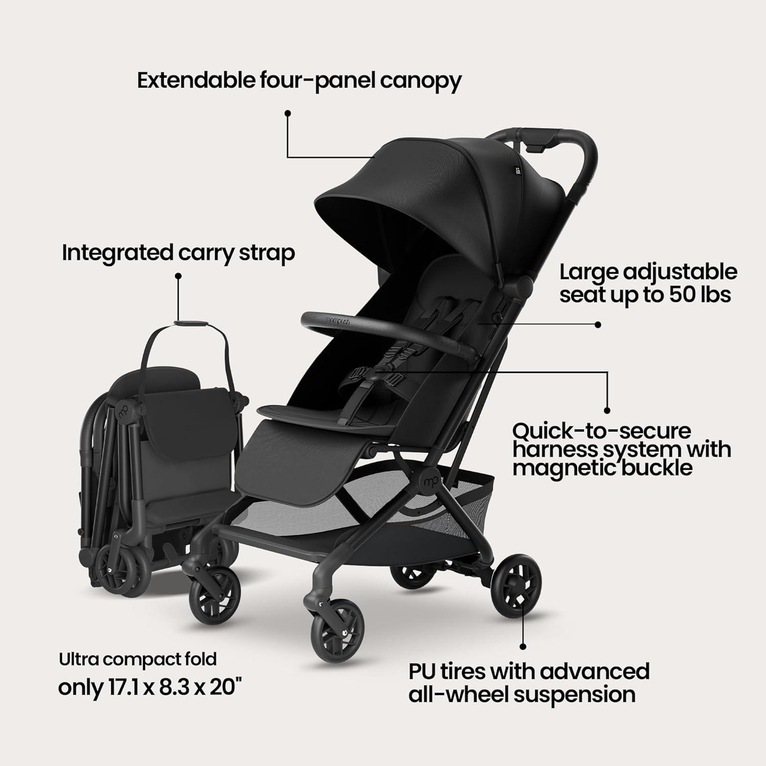 imageMompush Velo Lightweight Travel Stroller Compact ampamp AirplaneFriendly for Baby and Toddler LieFlat Seat OneHand Fold with Leather Bumper Bar Shoulder Strap Raincover Storage Bag ampamp Cup HolderCharcoal Black