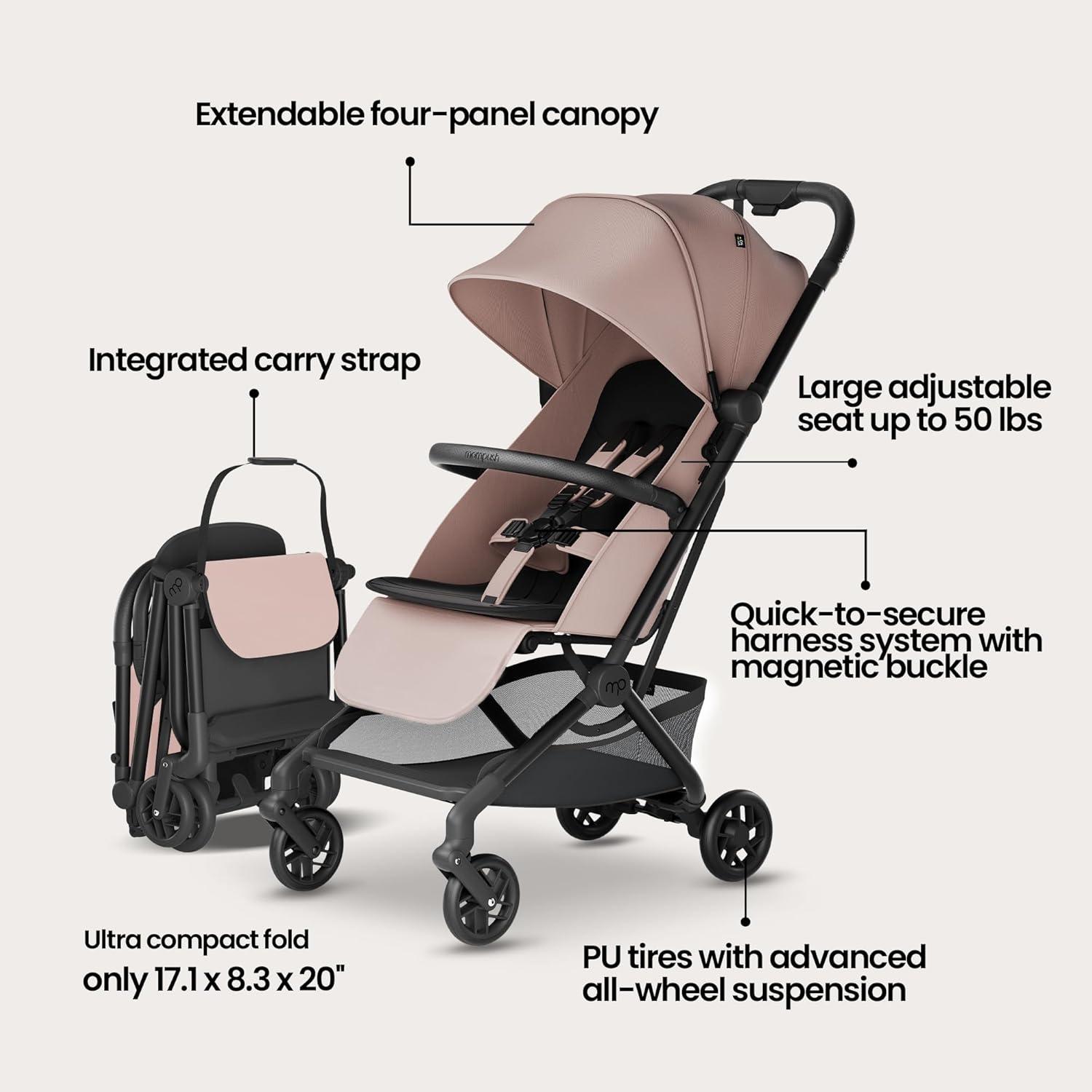 imageMompush Velo Lightweight Travel Stroller Compact ampamp AirplaneFriendly for Baby and Toddler LieFlat Seat OneHand Fold with Leather Bumper Bar Shoulder Strap Raincover Storage Bag ampamp Cup HolderMirage Pink