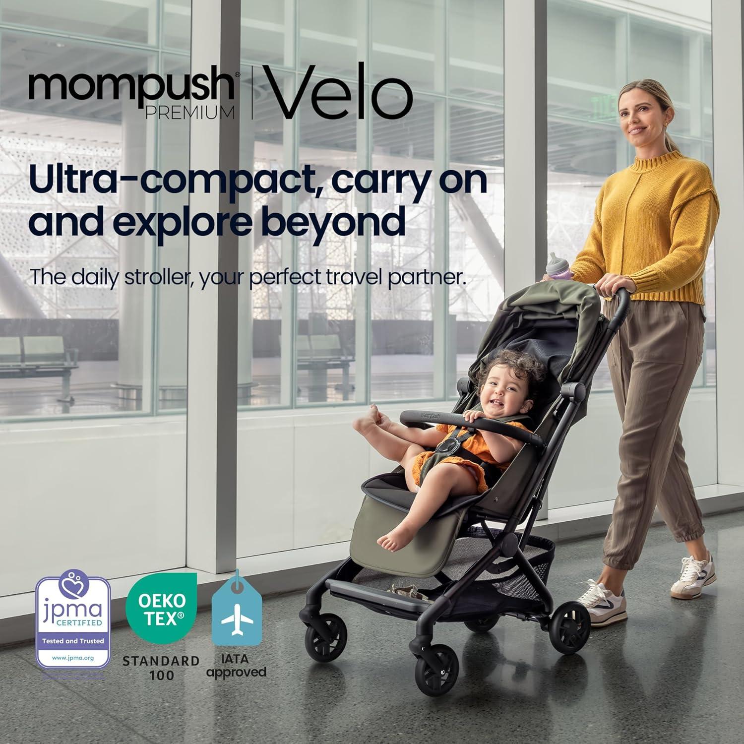 imageMompush Velo Lightweight Travel Stroller Compact ampamp AirplaneFriendly for Baby and Toddler LieFlat Seat OneHand Fold with Leather Bumper Bar Shoulder Strap Raincover Storage Bag ampamp Cup HolderChalk Beige