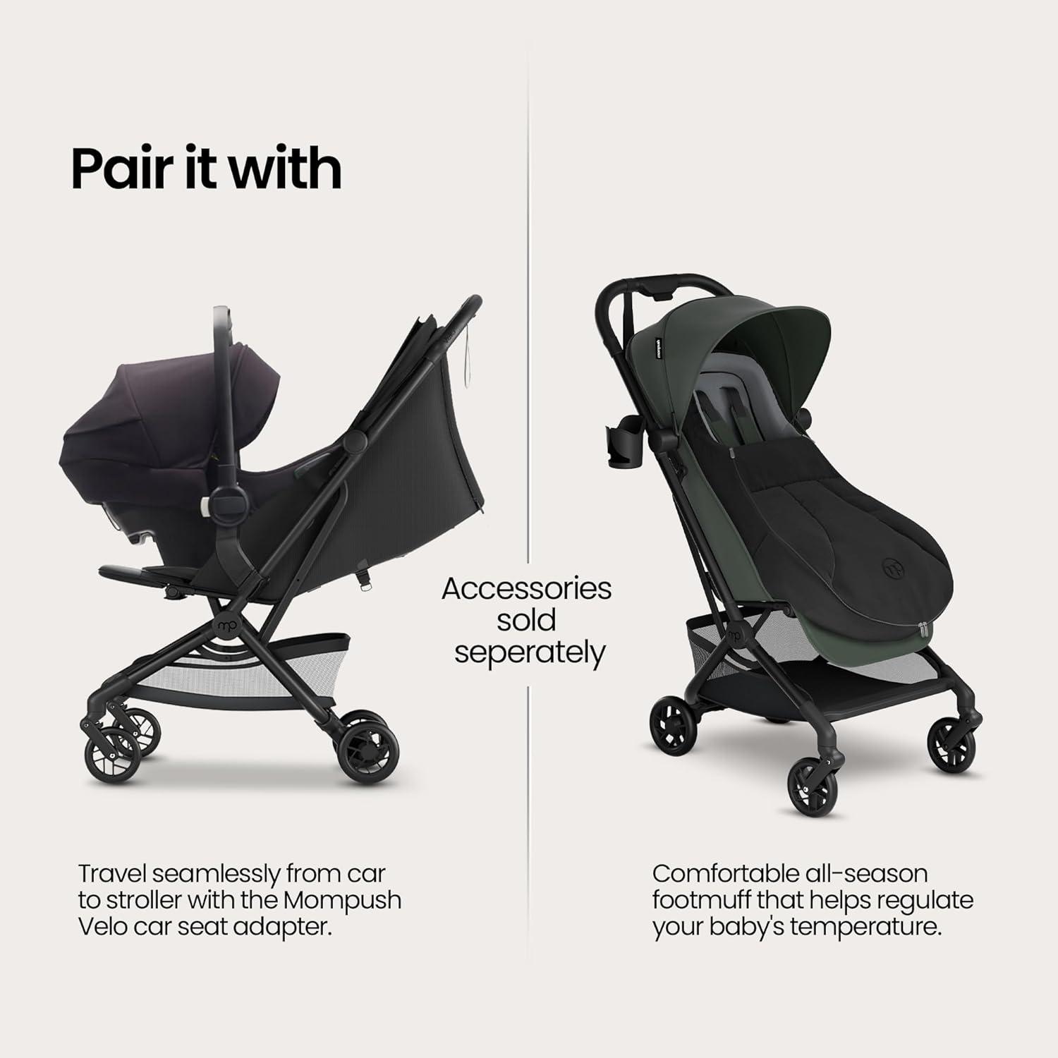 imageMompush Velo Lightweight Travel Stroller Compact ampamp AirplaneFriendly for Baby and Toddler LieFlat Seat OneHand Fold with Leather Bumper Bar Shoulder Strap Raincover Storage Bag ampamp Cup HolderChalk Beige