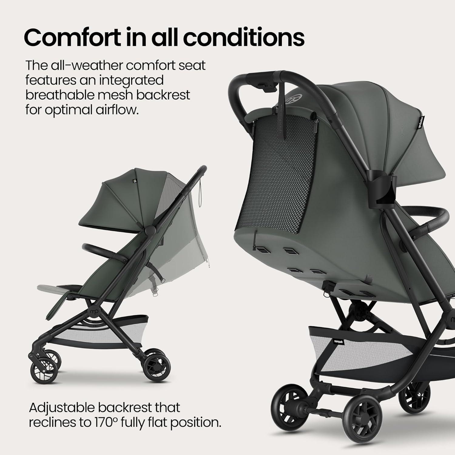 imageMompush Velo Lightweight Travel Stroller Compact ampamp AirplaneFriendly for Baby and Toddler LieFlat Seat OneHand Fold with Leather Bumper Bar Shoulder Strap Raincover Storage Bag ampamp Cup HolderAurora Green