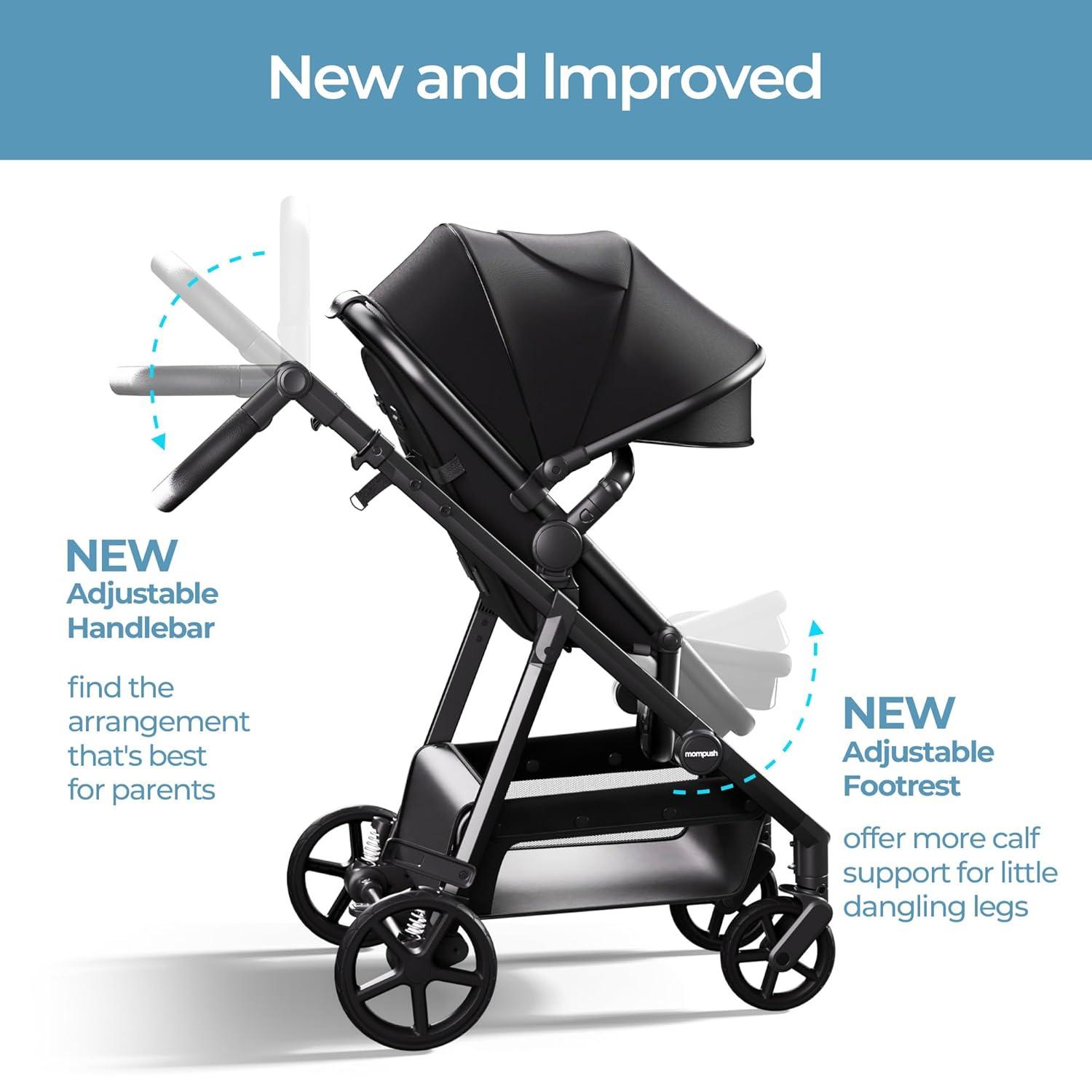 imageMompush Wiz 2 in 1 Baby Stroller with Bassinet Mode Convertible Infant Stroller for Newborn and Toddler with Reversible Seat and Large UPF 50 CanopyBlack