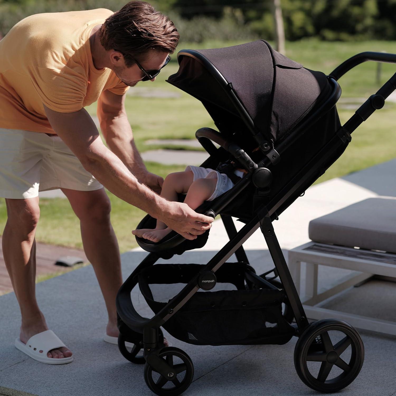 imageMompush Wiz 2 in 1 Baby Stroller with Bassinet Mode Convertible Infant Stroller for Newborn and Toddler with Reversible Seat and Large UPF 50 CanopyBlack