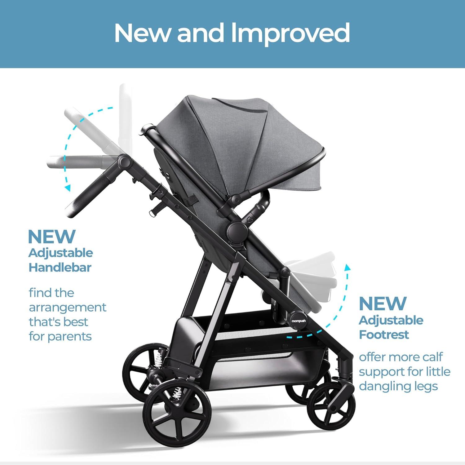 imageMompush Wiz 2 in 1 Baby Stroller with Bassinet Mode Convertible Infant Stroller for Newborn and Toddler with Reversible Seat and Large UPF 50 CanopyGrey