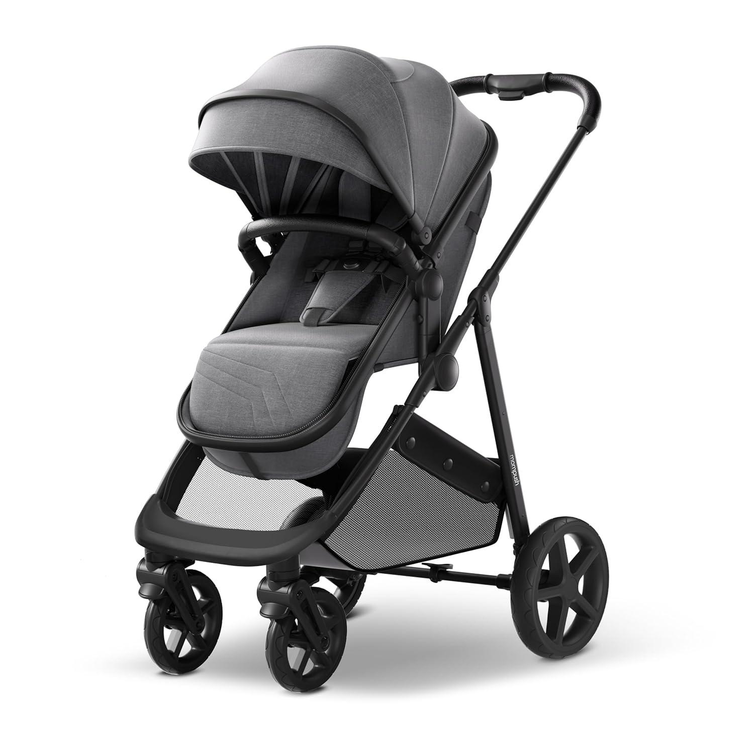 imageMompush Wiz 2 in 1 Baby Stroller with Bassinet Mode Convertible Infant Stroller for Newborn and Toddler with Reversible Seat and Large UPF 50 CanopyGrey