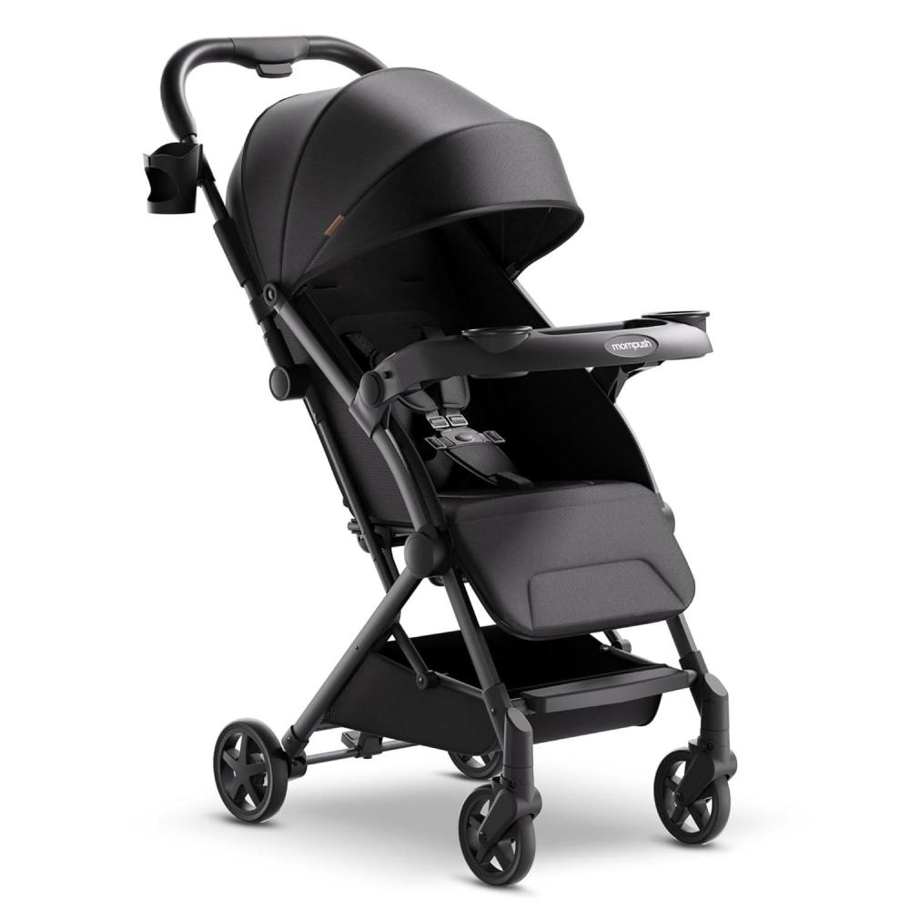 imageMompush Lithe V2 Lightweight Travel Stroller Compact Foldable Baby Stroller with Travel Bag OneHand Fold Stroller Snack Tray Mechanical Recline Seat AirplaneReady UPF 50 Canopy ampamp Rain CoverBlack
